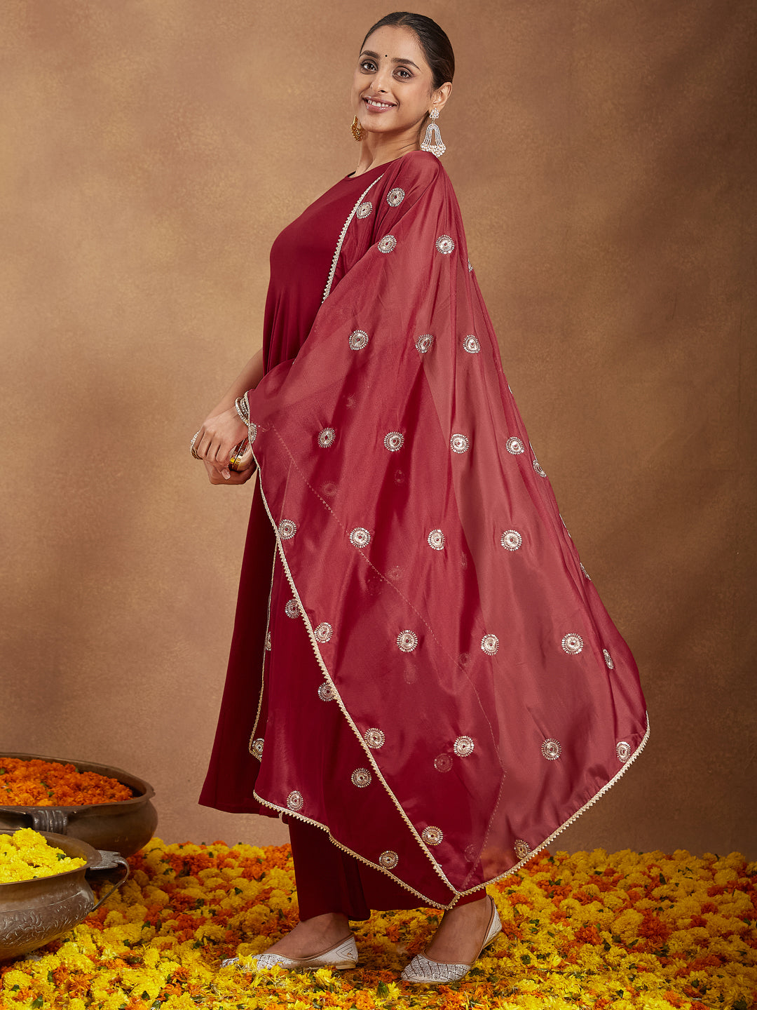 Janasya Women's Maroon Rayon Embellished A-line Flared Kurta Set - qivii