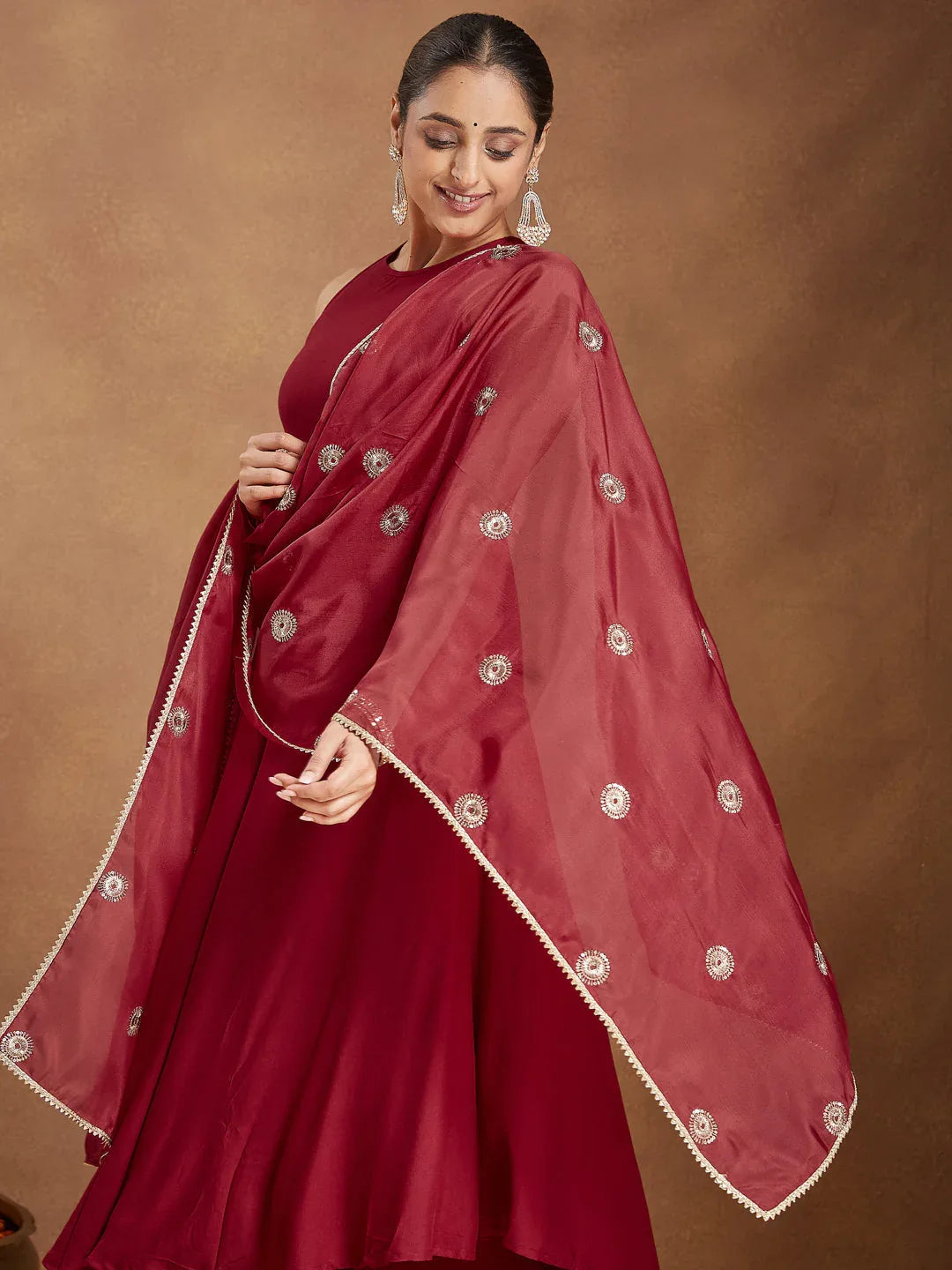 Janasya Women's Maroon Rayon Embellished A-line Flared Kurta Set