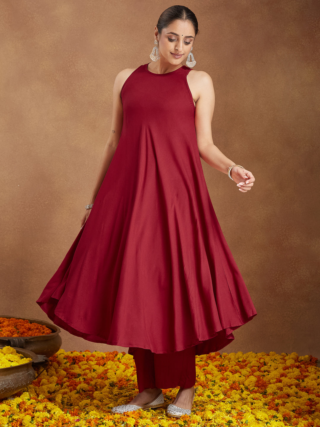 Janasya Women's Maroon Rayon Embellished A-line Flared Kurta Set - qivii