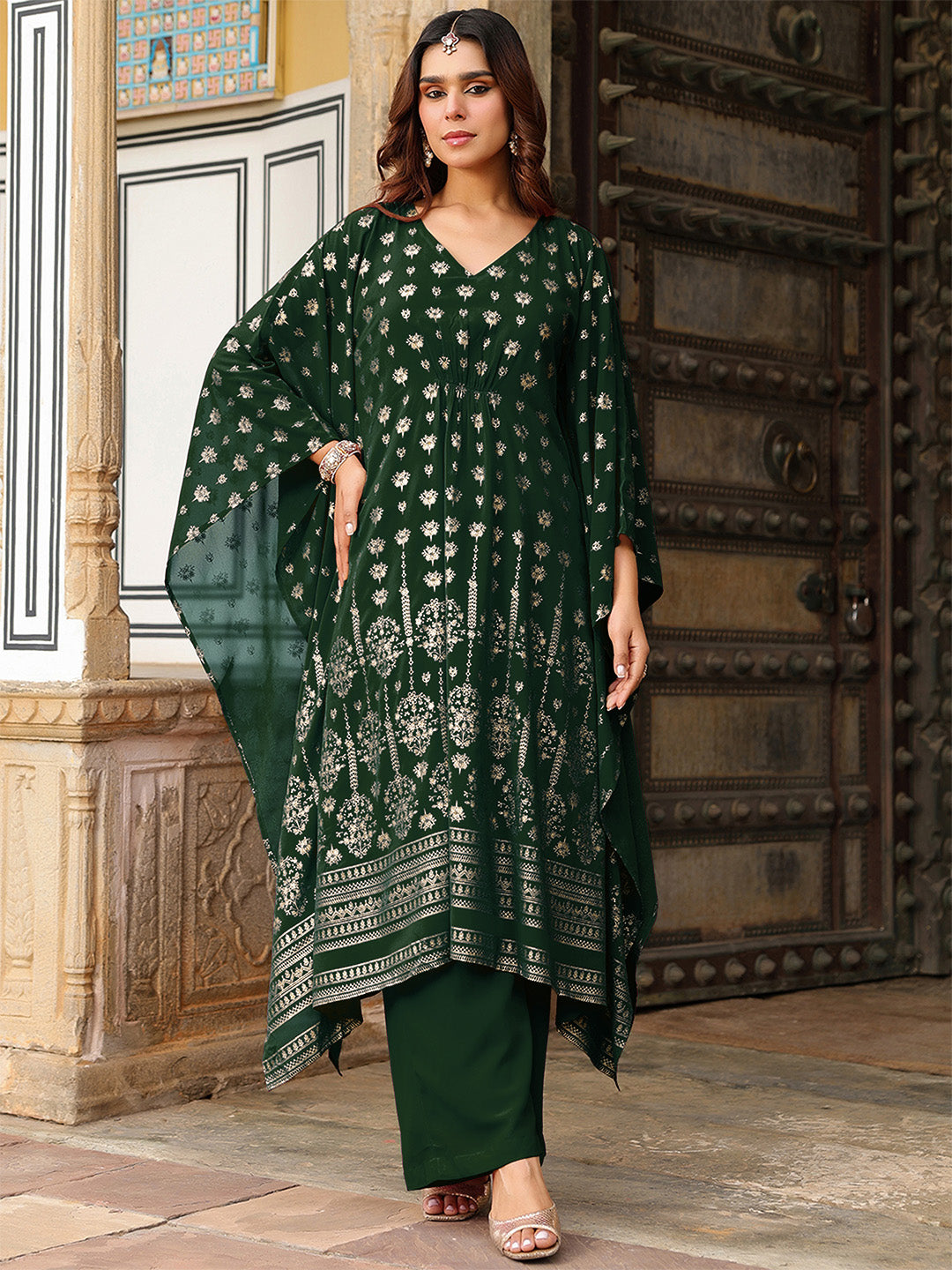 Janasya Women's Bottle Green Georgette Foil Printed Kaftan Kurta With Palazzo Set - qivii