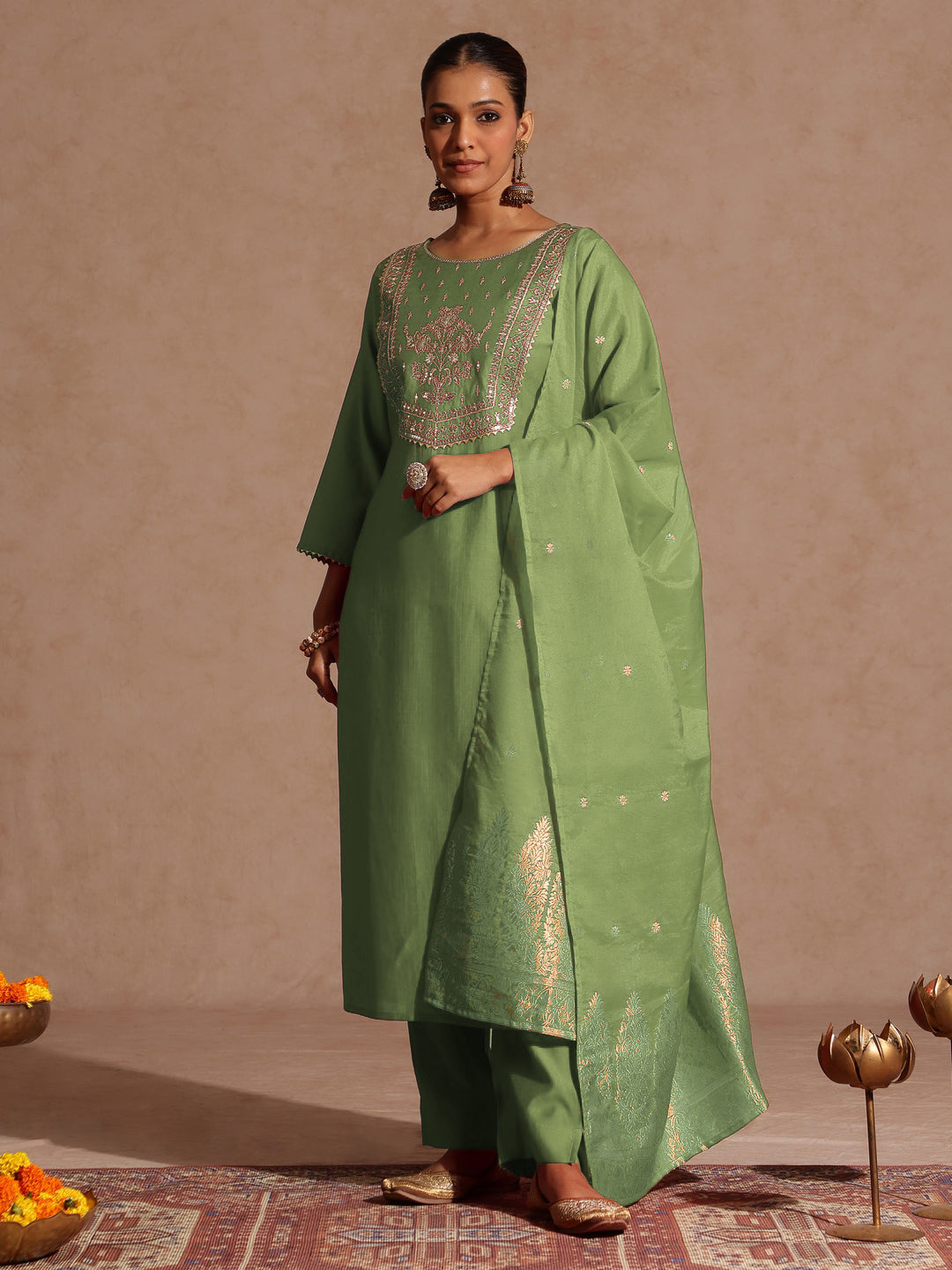Janasya Women's Sage Green Silk Blend Zari Yoke Embroidered Straight Kurta Set With Dupatta