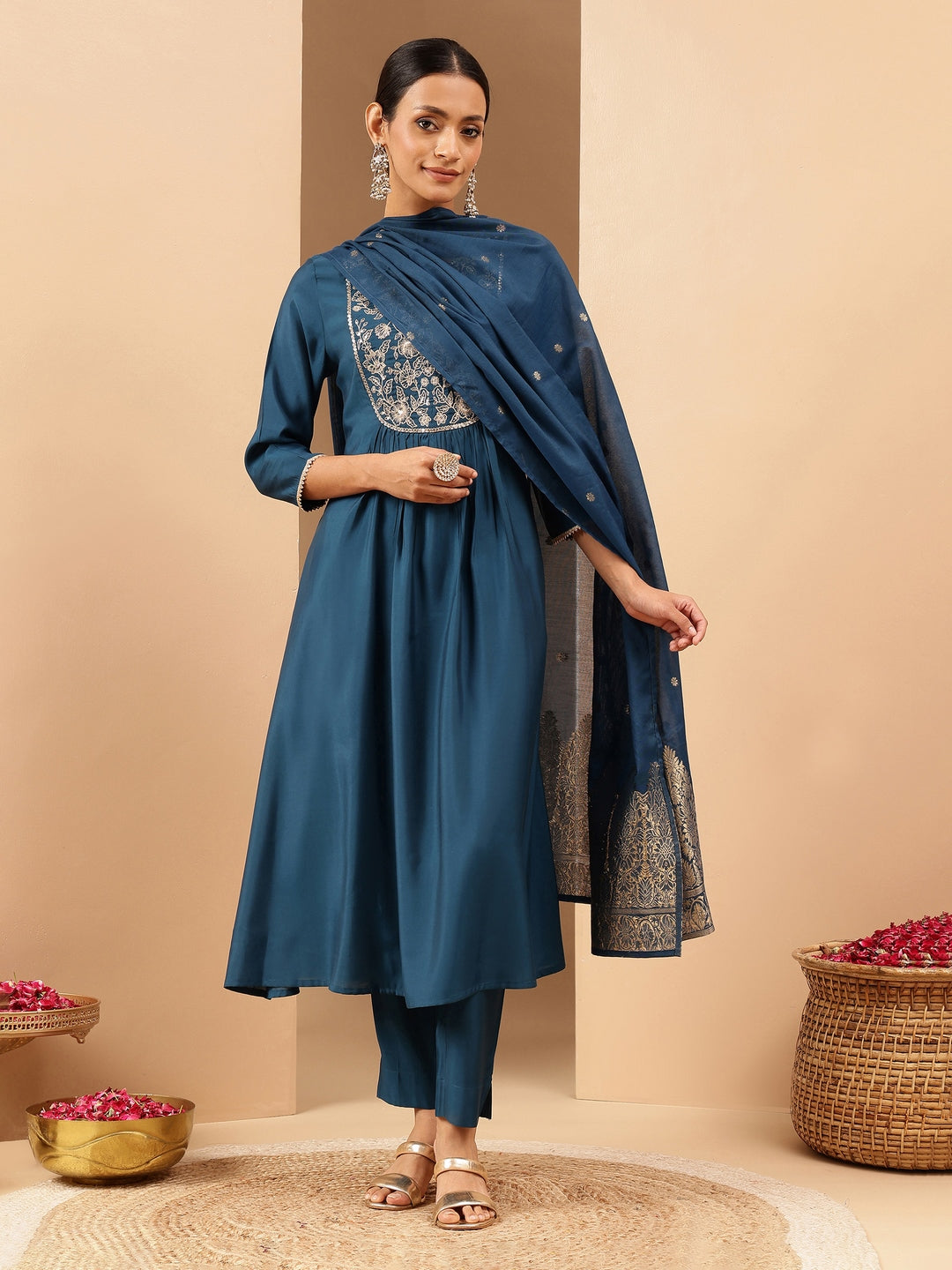 Janasya Women's Teal Chanderi Silk Zari Yoke Embroidered A-line Kurta Set With Dupatta - qivii