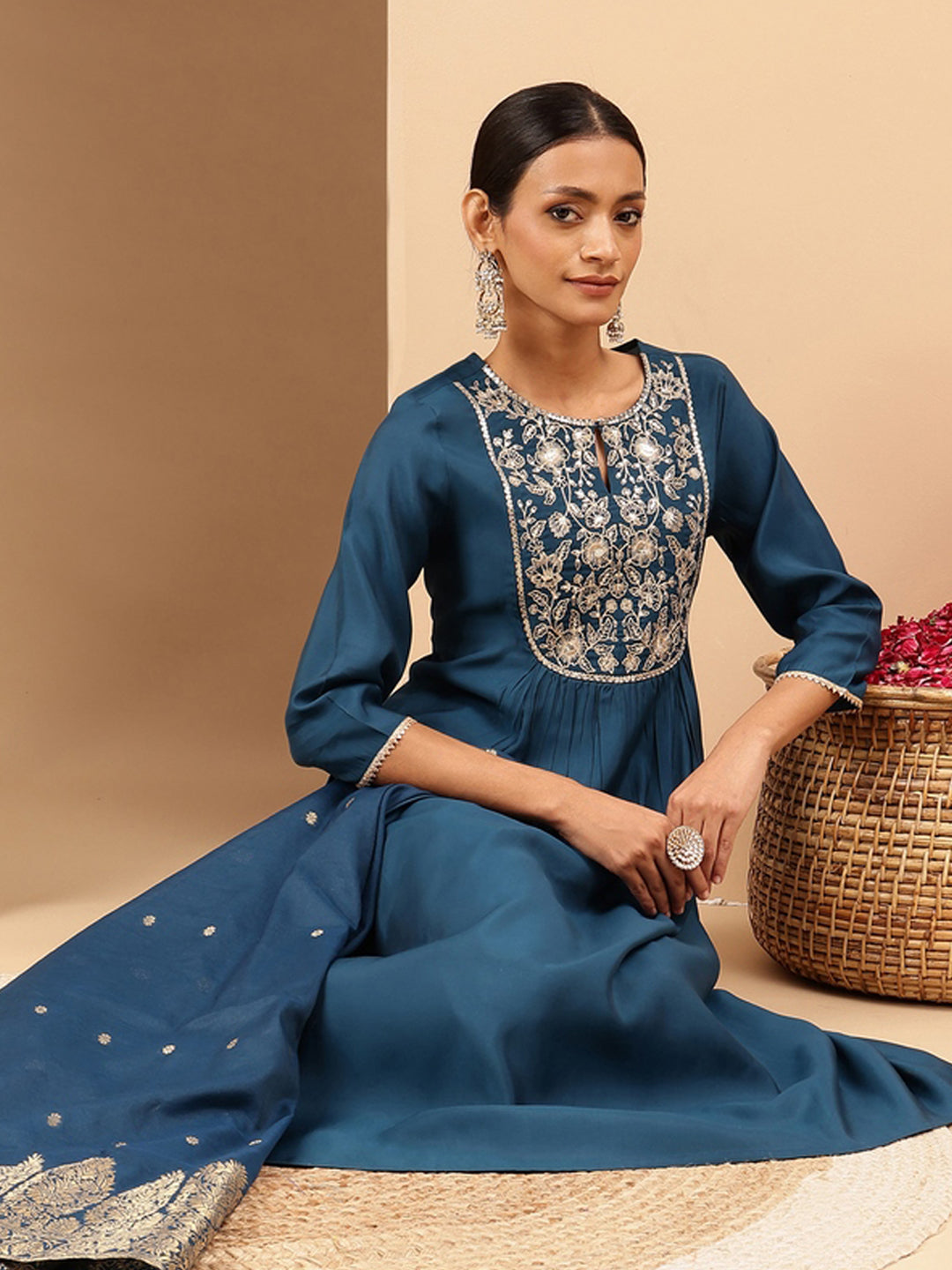 Janasya Women's Teal Chanderi Silk Zari Yoke Embroidered A-line Kurta Set With Dupatta - qivii