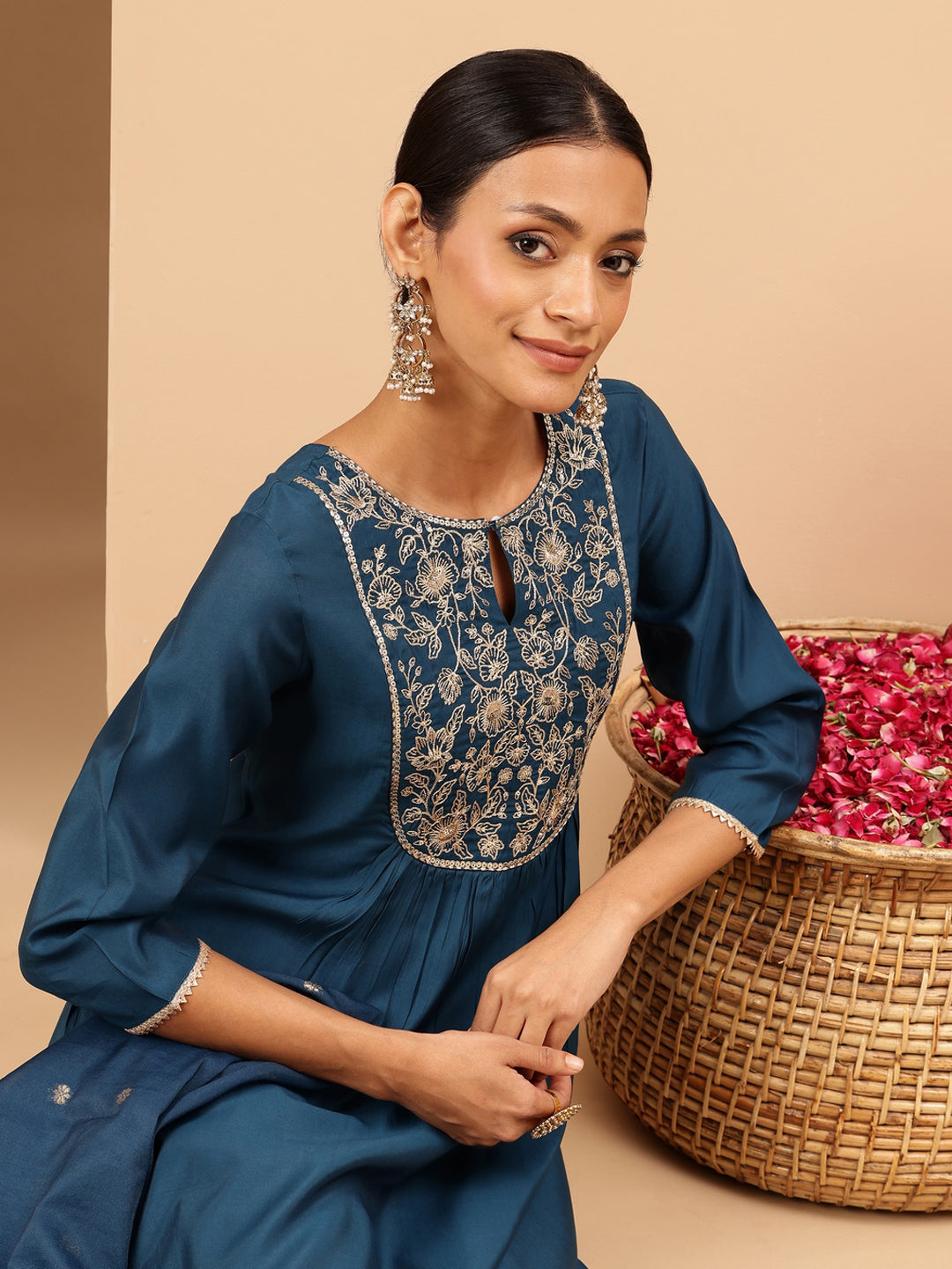 Janasya Women's Teal Chanderi Silk Zari Yoke Embroidered A-line Kurta Set With Dupatta - qivii