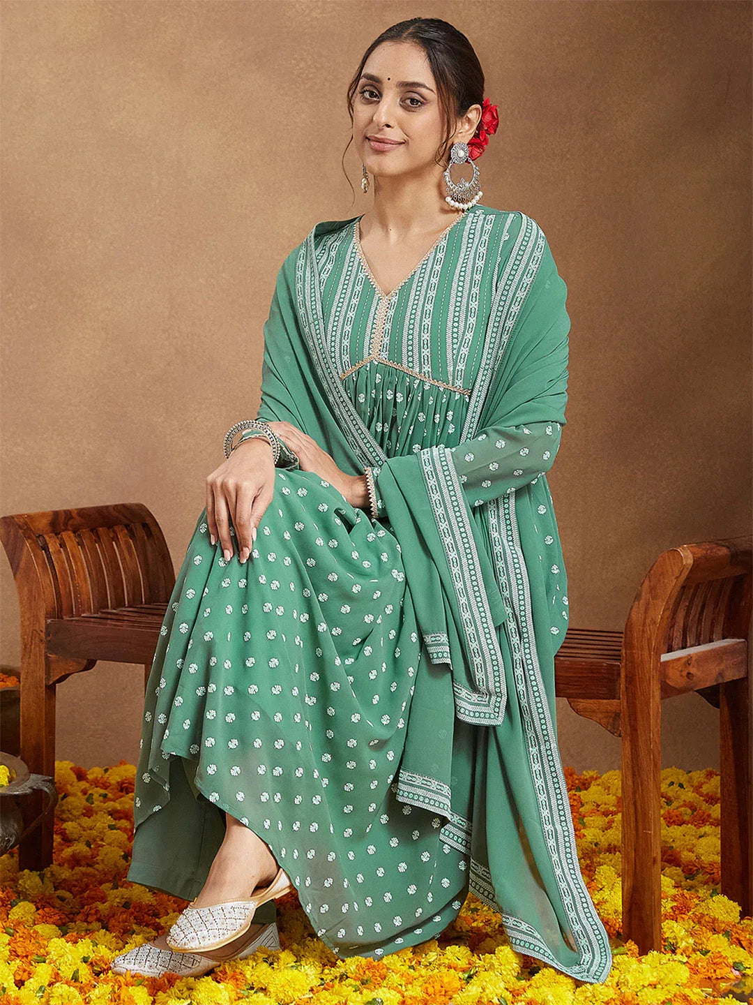 Janasya Women's Sage Green Georgette Embellished Ethnic Motifs Printed A-line Kurta Set