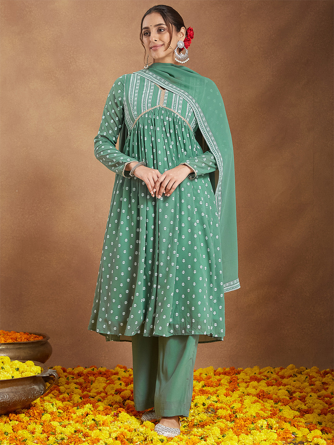 Janasya Women's Sage Green Georgette Embellished Ethnic Motifs Printed A-line Kurta Set - qivii