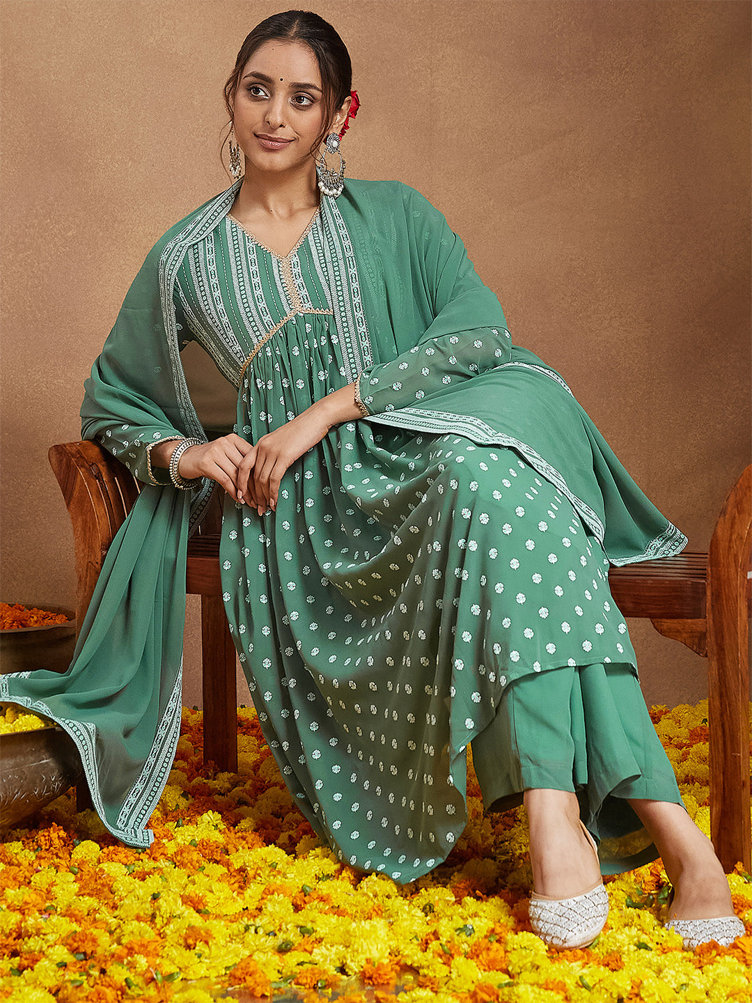 Janasya Women's Sage Green Georgette Embellished Ethnic Motifs Printed A-line Kurta Set - qivii