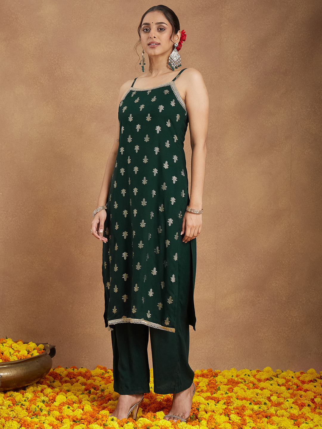 Janasya Women's Dark Green Rayon Embellished Foil Printed Straight Kurta Set - qivii