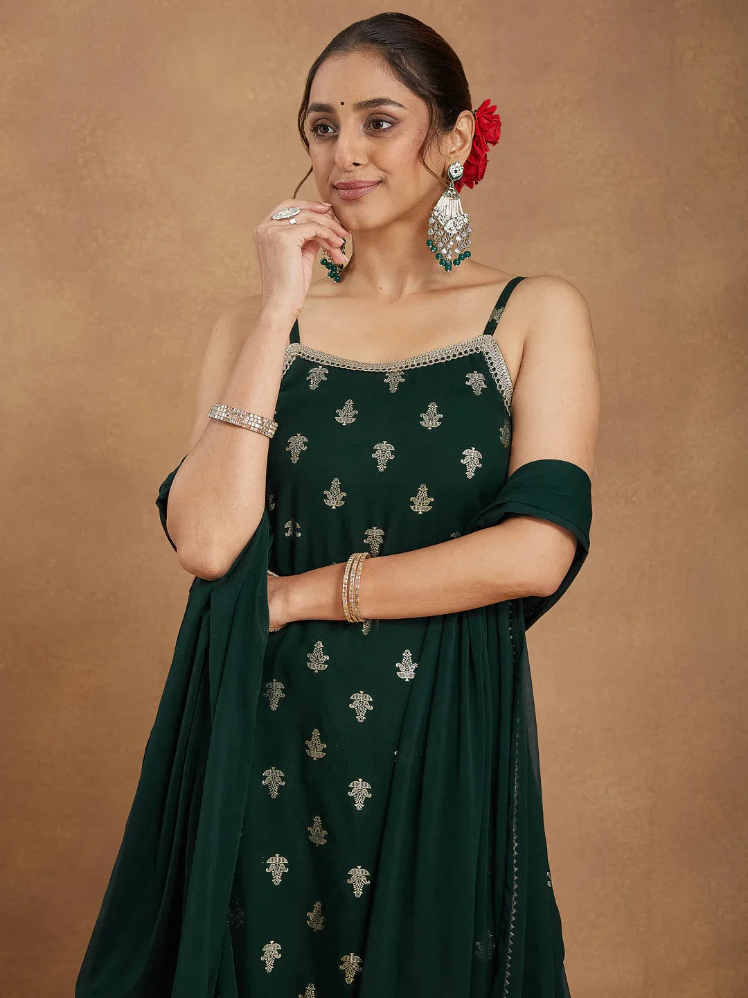 Janasya Women's Dark Green Rayon Embellished Foil Printed Straight Kurta Set
