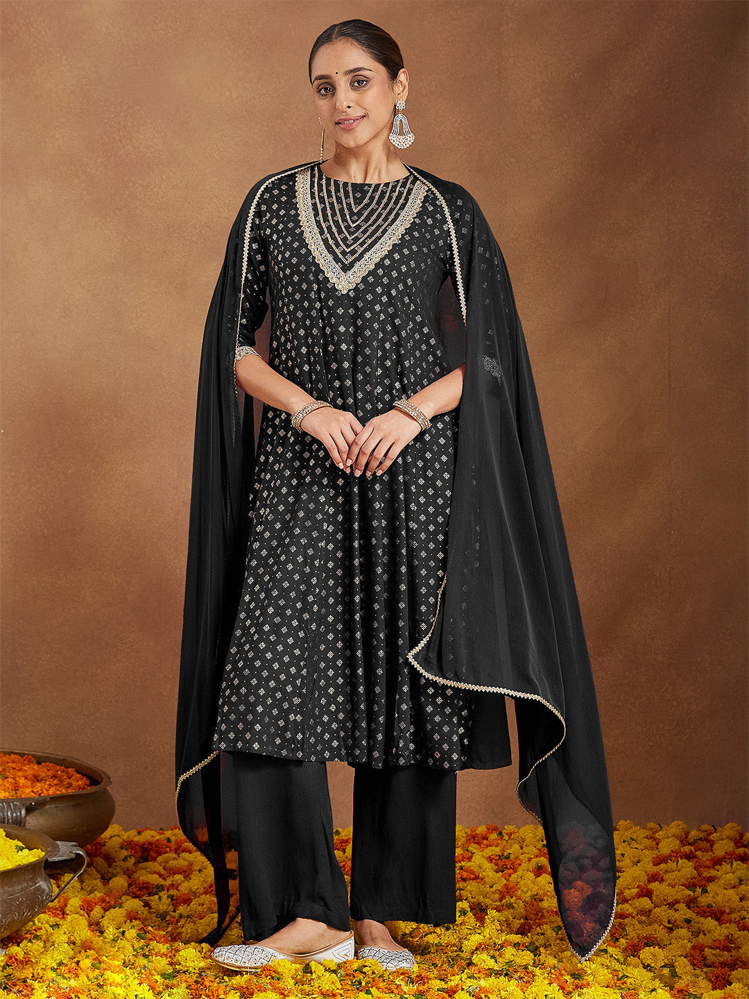 Janasya Women's Black Rayon Foil Print & Embellished Anarkali Kurta Set - qivii
