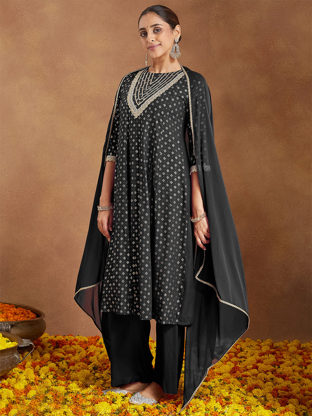 Janasya Women's Black Rayon Foil Print & Embellished Anarkali Kurta Set - qivii