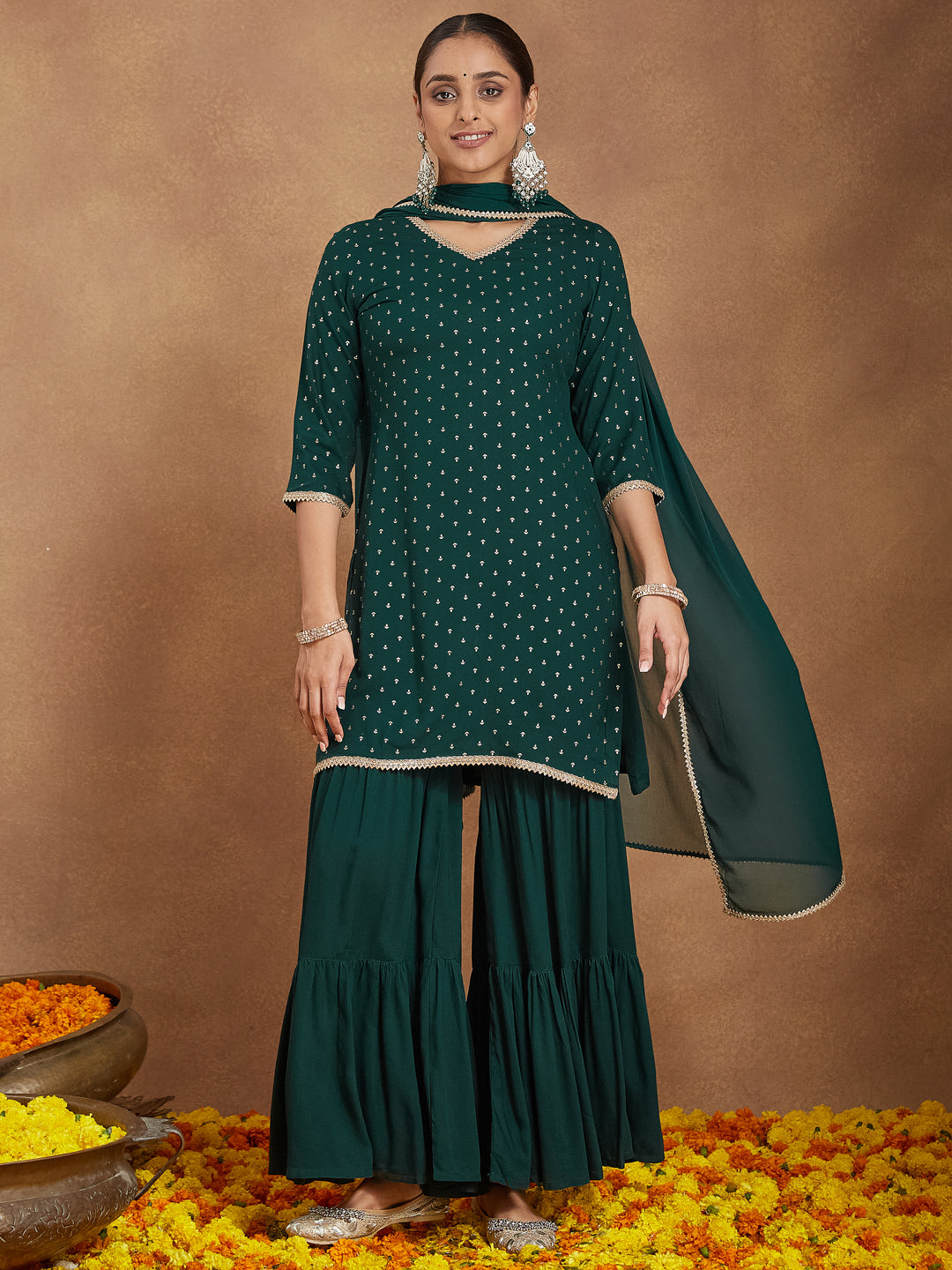 Janasya Women's Dark Green Rayon Embellished Foil Printed Kurta With Sharara & Dupatta Set - qivii