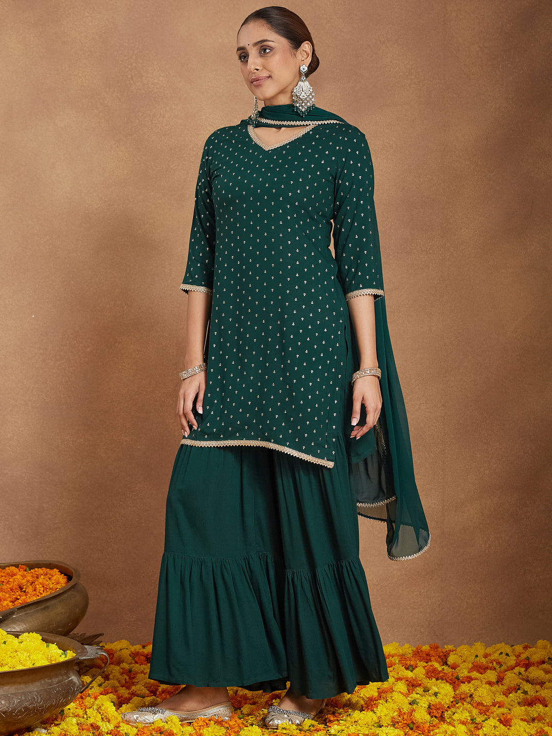 Janasya Women's Dark Green Rayon Embellished Foil Printed Kurta With Sharara & Dupatta Set - qivii
