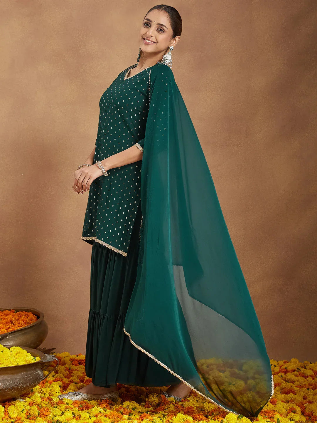 Janasya Women's Dark Green Rayon Embellished Foil Printed Kurta With Sharara & Dupatta Set