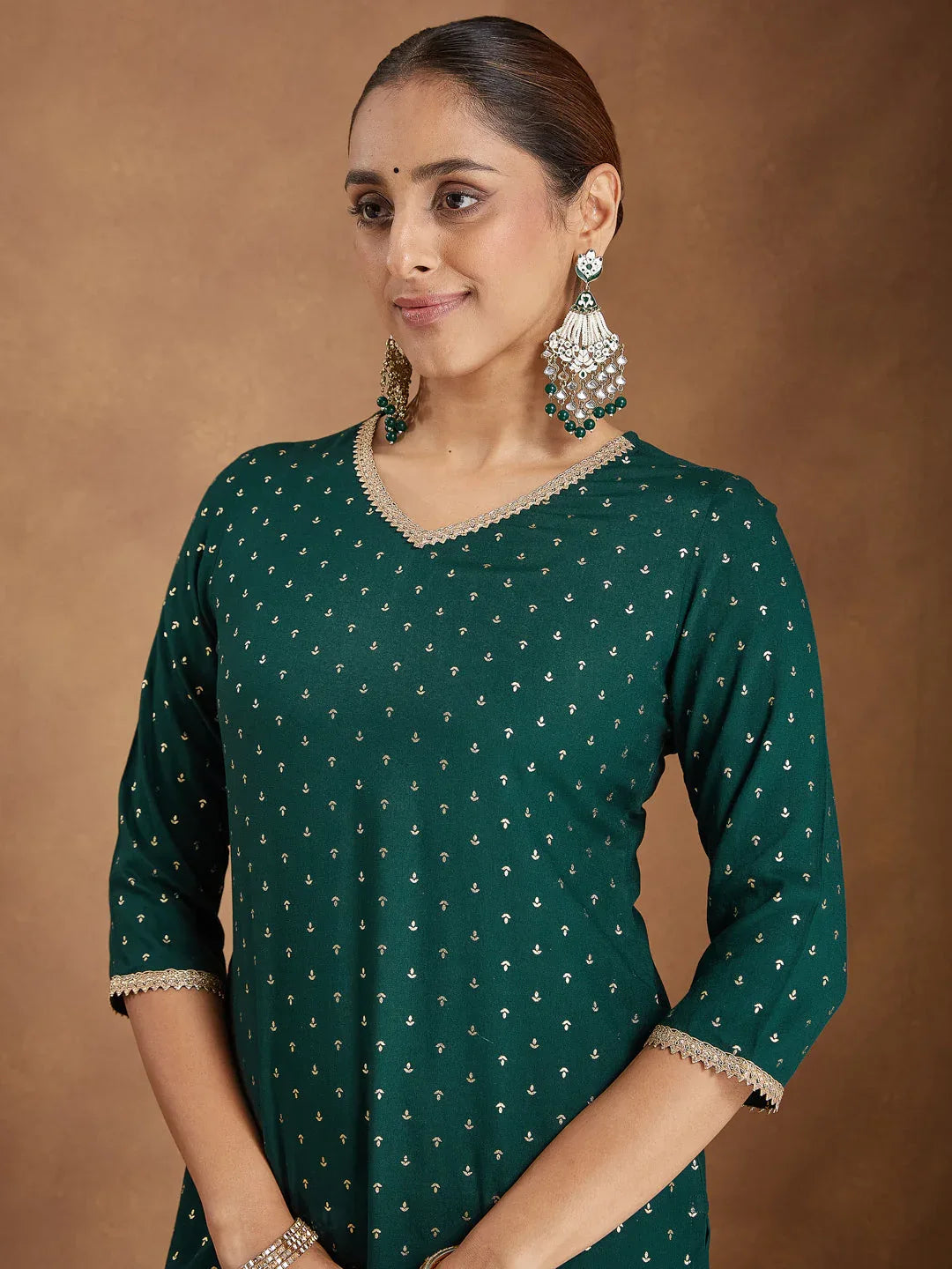 Janasya Women's Dark Green Rayon Embellished Foil Printed Kurta With Sharara & Dupatta Set
