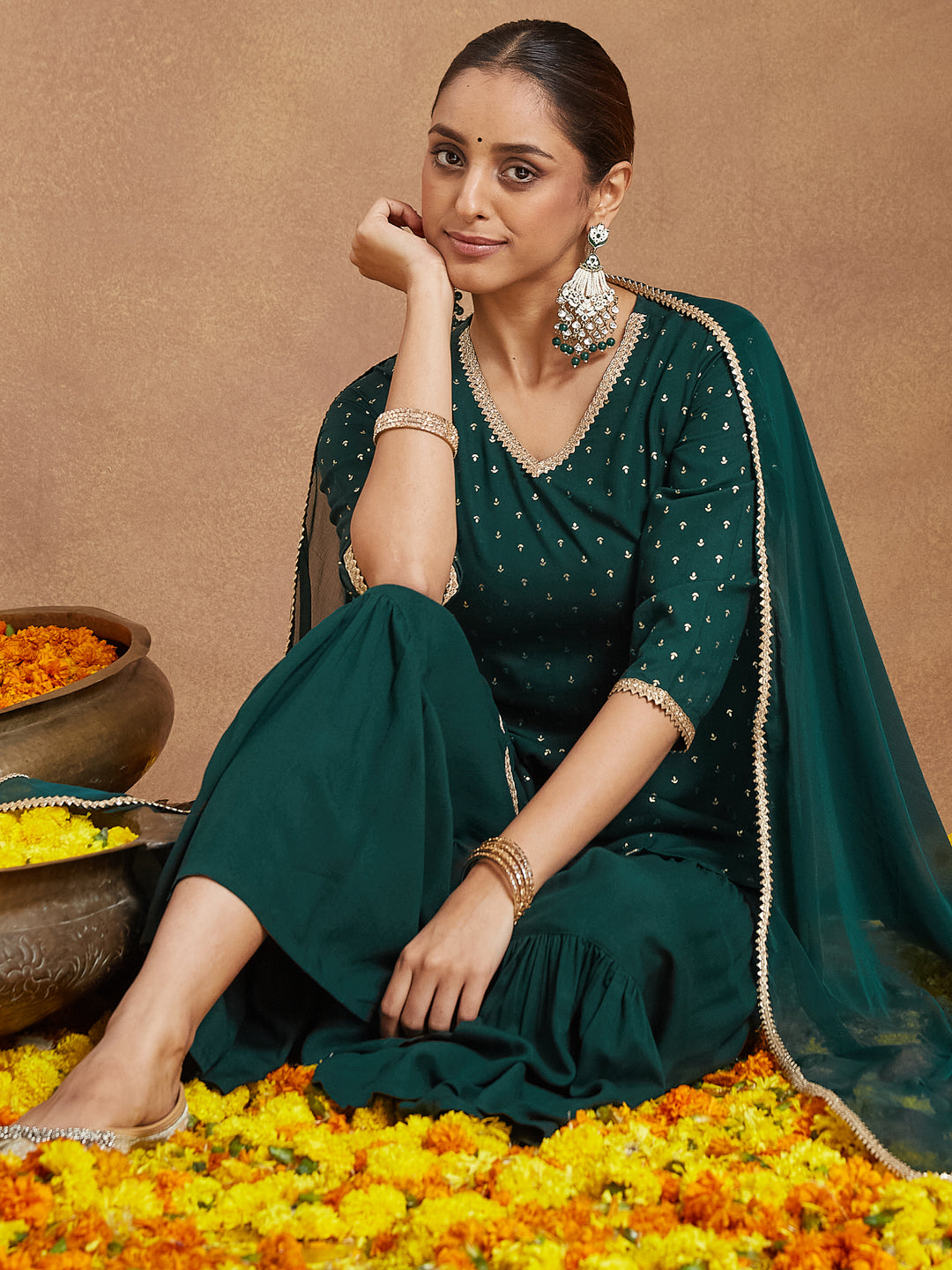 Janasya Women's Dark Green Rayon Embellished Foil Printed Kurta With Sharara & Dupatta Set - qivii