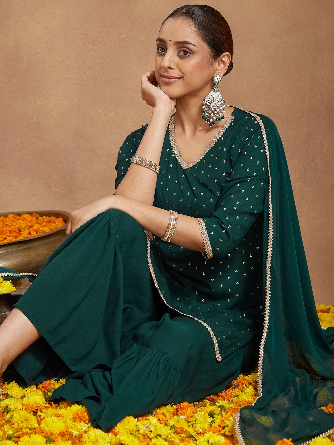 Janasya Women's Dark Green Rayon Embellished Foil Printed Kurta With Sharara & Dupatta Set - qivii