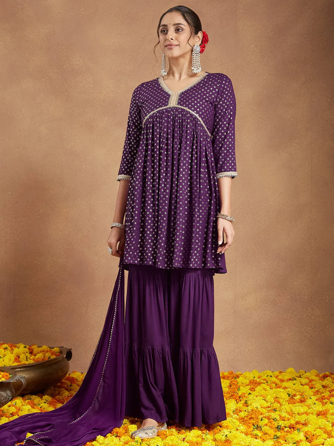 Janasya Women's Purple Rayon Gold Printed A-line Kurta With Sharara & Dupatta Set