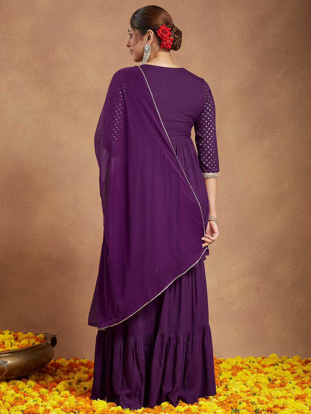 Janasya Women's Purple Rayon Gold Printed A-line Kurta With Sharara & Dupatta Set - qivii