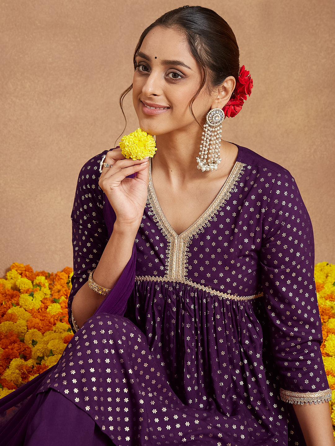 Janasya Women's Purple Rayon Gold Printed A-line Kurta With Sharara & Dupatta Set - qivii