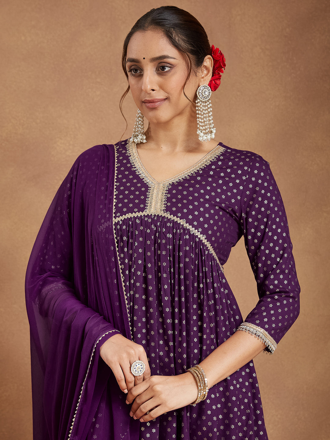 Janasya Women's Purple Rayon Gold Printed A-line Kurta With Sharara & Dupatta Set - qivii