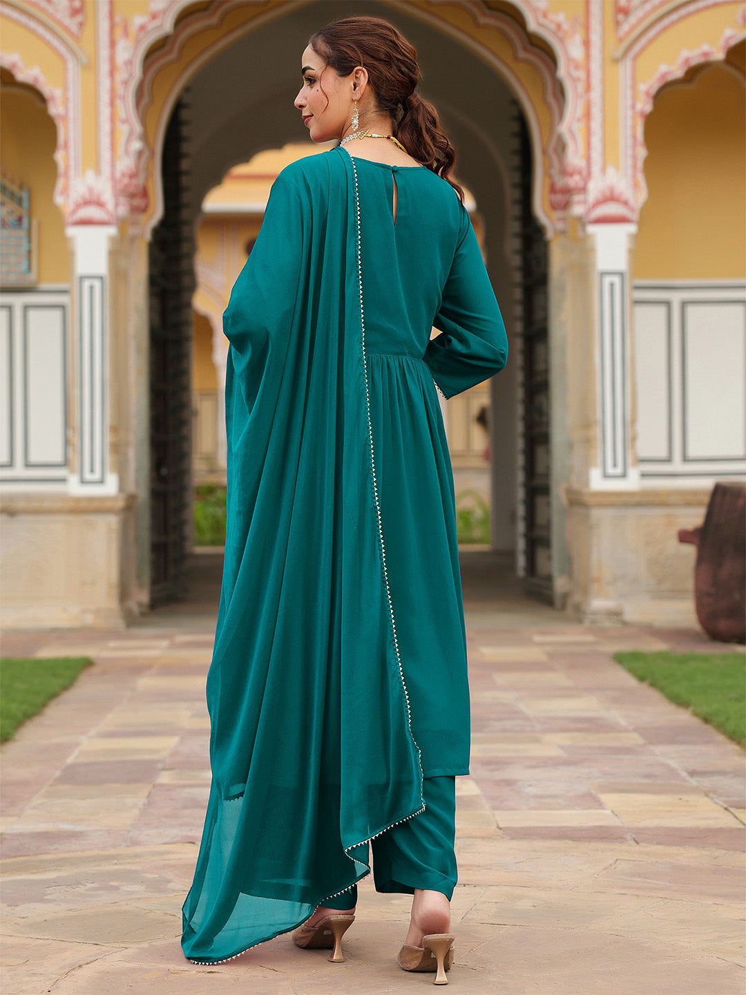 Janasya Women's Teal Green Georgette Embroidered A-line Kurta With Palazzo Dupatta Set - qivii