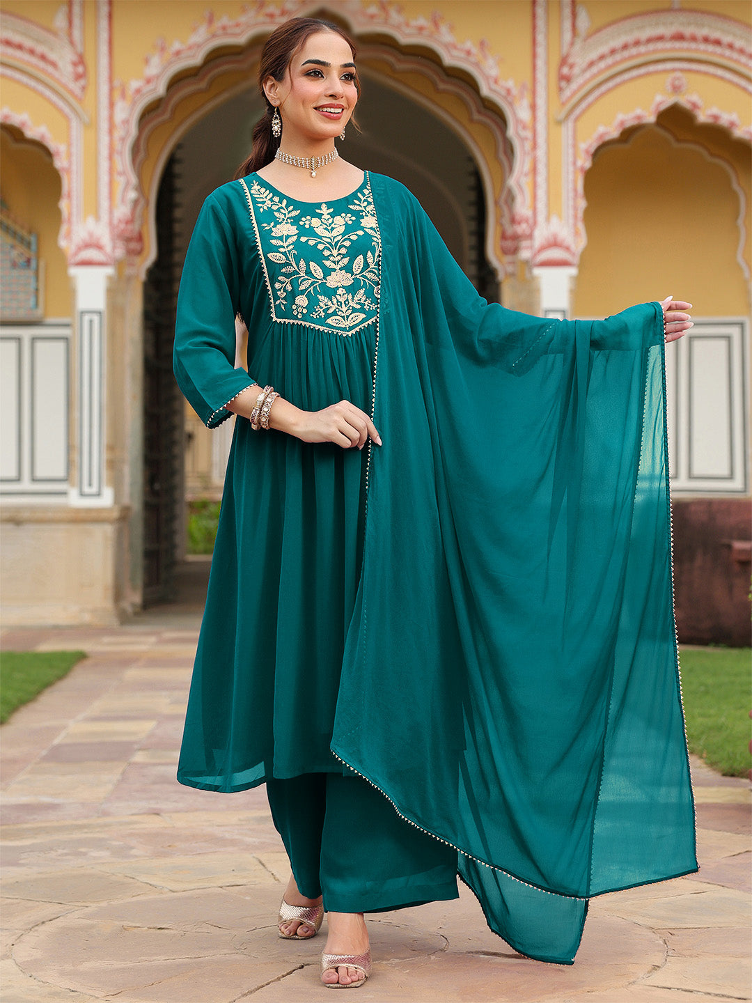 Janasya Women's Teal Green Georgette Embroidered A-line Kurta With Palazzo Dupatta Set - qivii