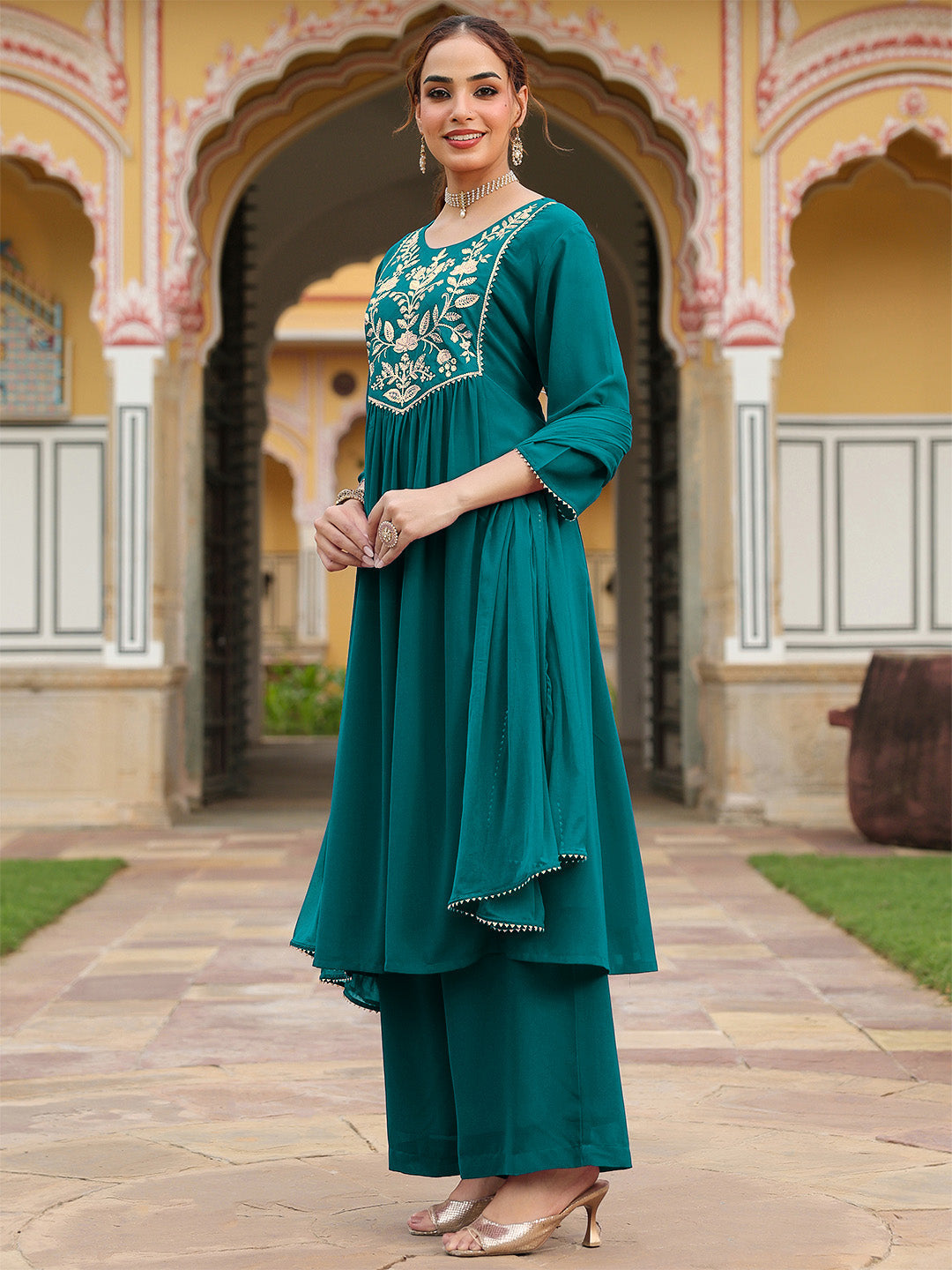 Janasya Women's Teal Green Georgette Embroidered A-line Kurta With Palazzo Dupatta Set - qivii