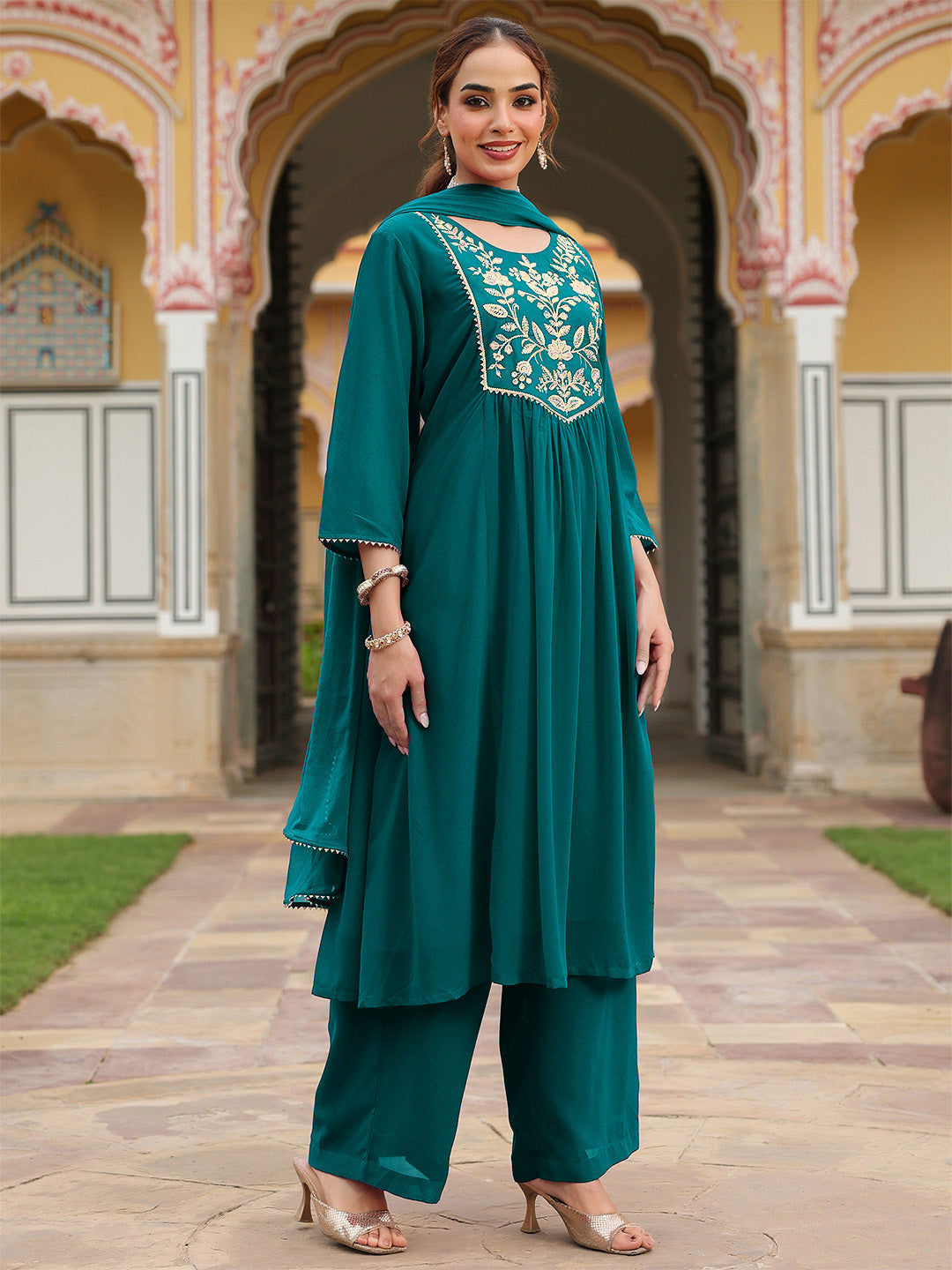 Janasya Women's Teal Green Georgette Embroidered A-line Kurta With Palazzo Dupatta Set - qivii