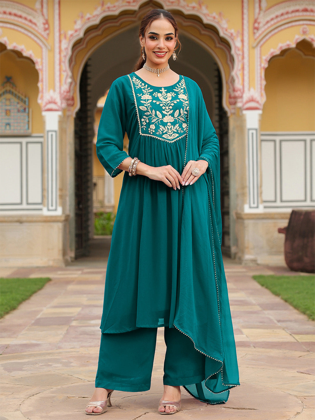 Janasya Women's Teal Green Georgette Embroidered A-line Kurta With Palazzo Dupatta Set - qivii