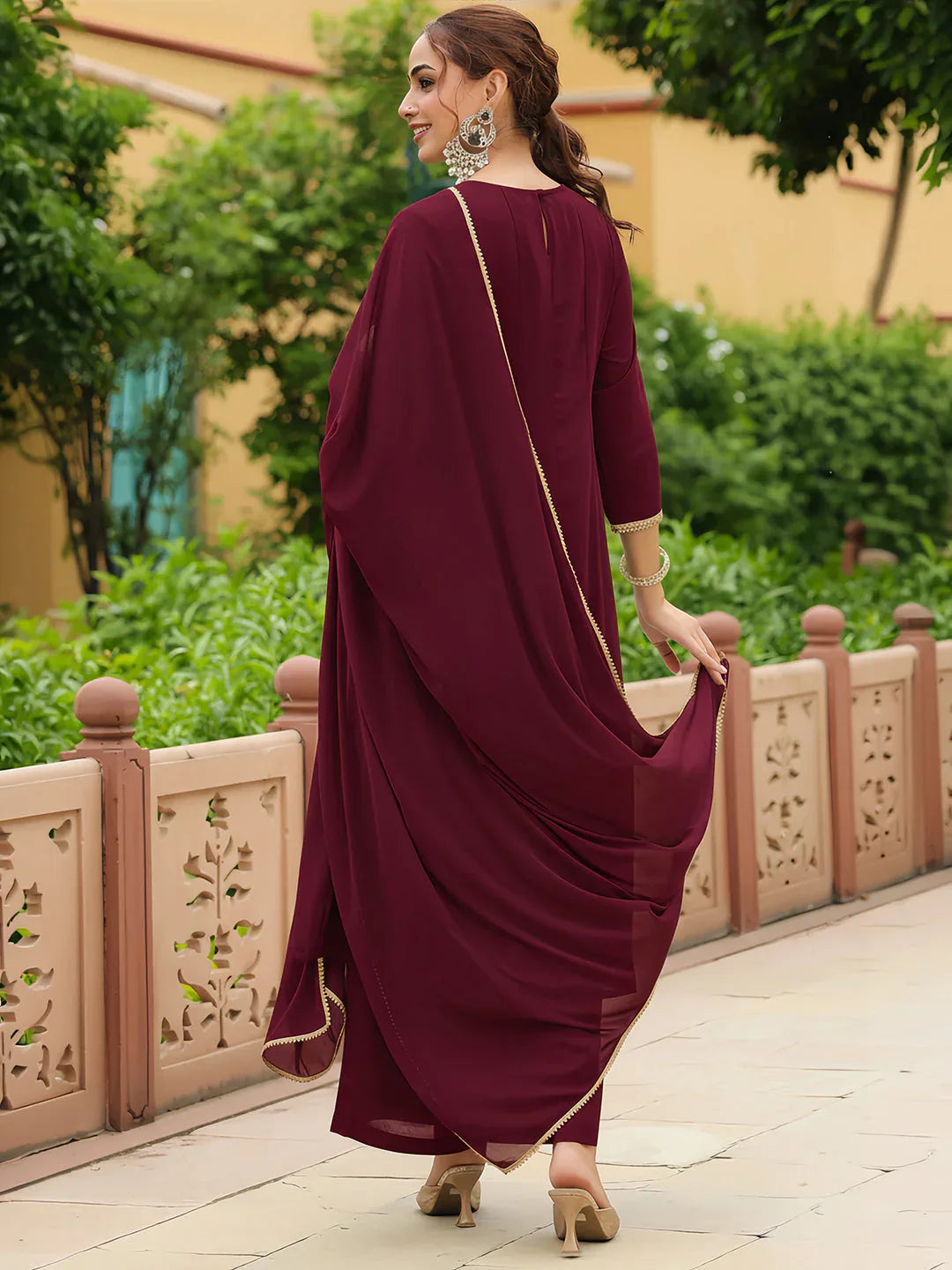 Janasya Women's Maroon Georgette Zari Yoke Embroidered Anarkali Kurta With Palazzo & Dupatta Set