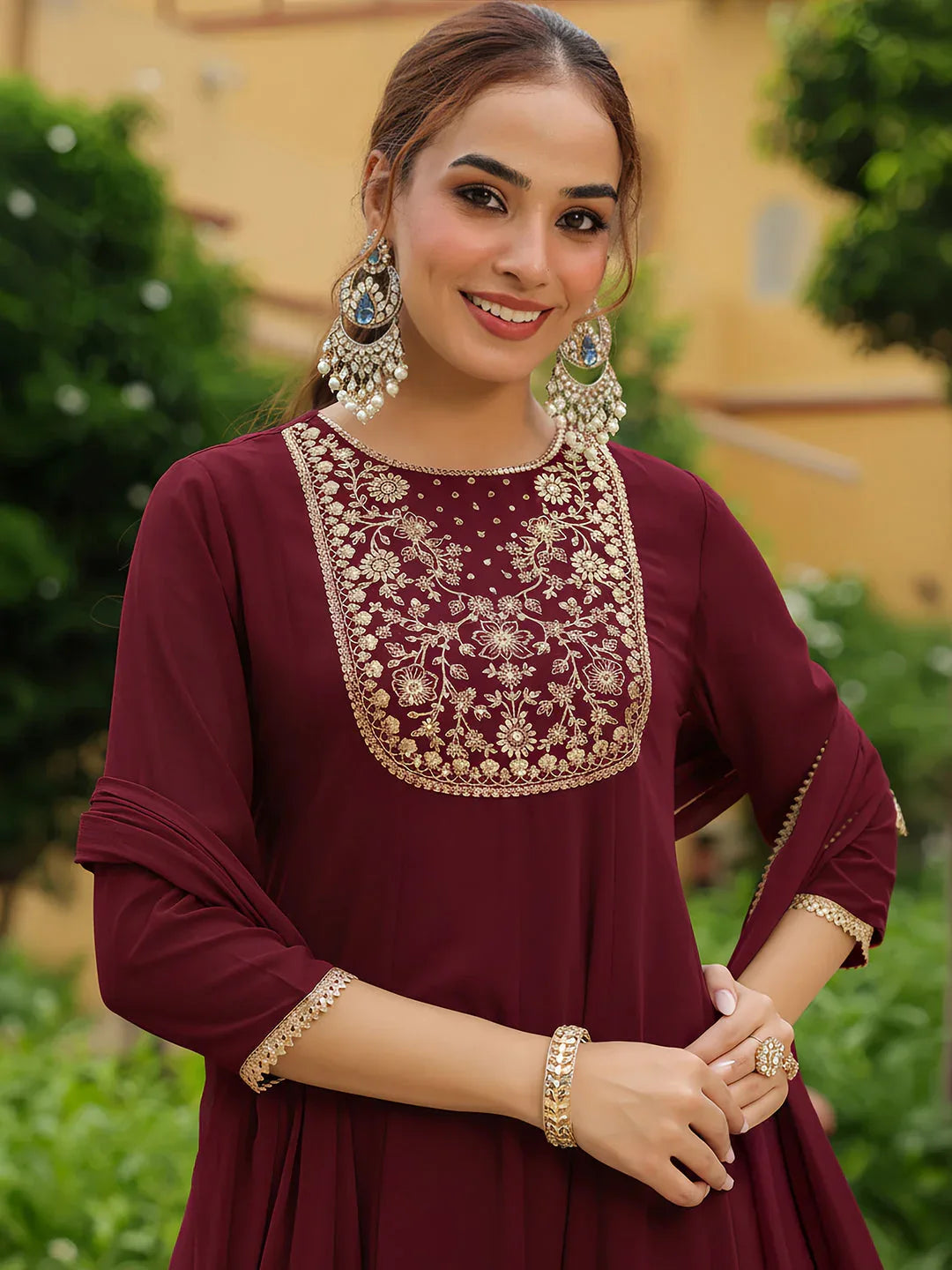 Janasya Women's Maroon Georgette Zari Yoke Embroidered Anarkali Kurta With Palazzo & Dupatta Set