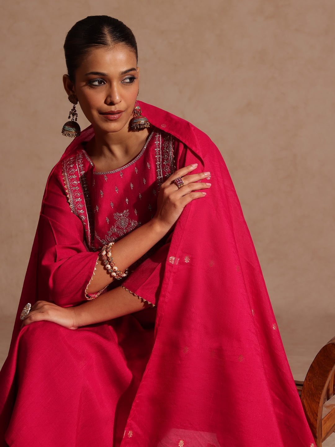 Janasya Women's Pink Silk Blend Zari Yoke Embroidered Straight Kurta Set - qivii