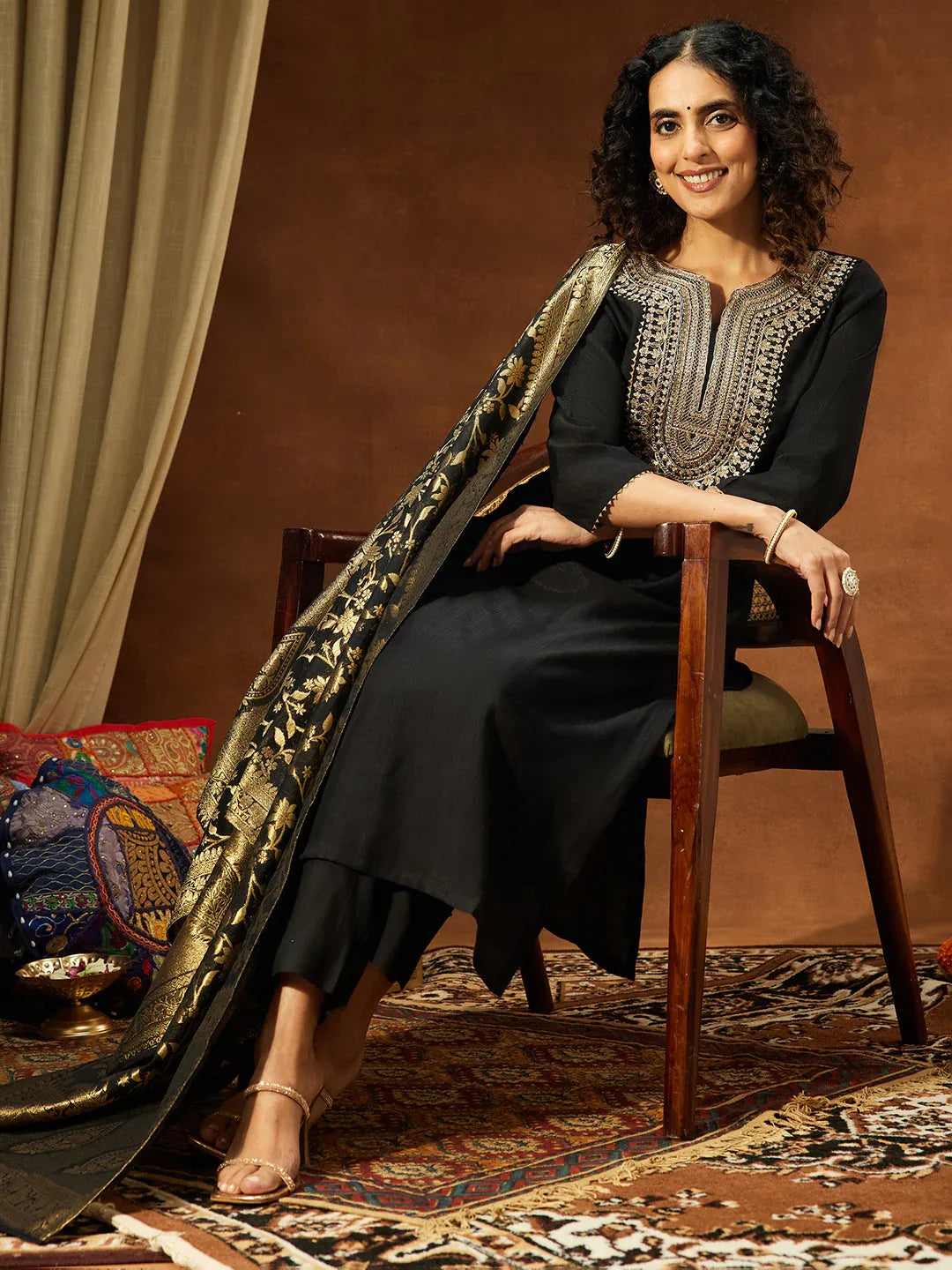 Janasya Women's Black Silk Blend Yoke Embroidered Straight Kurta Set