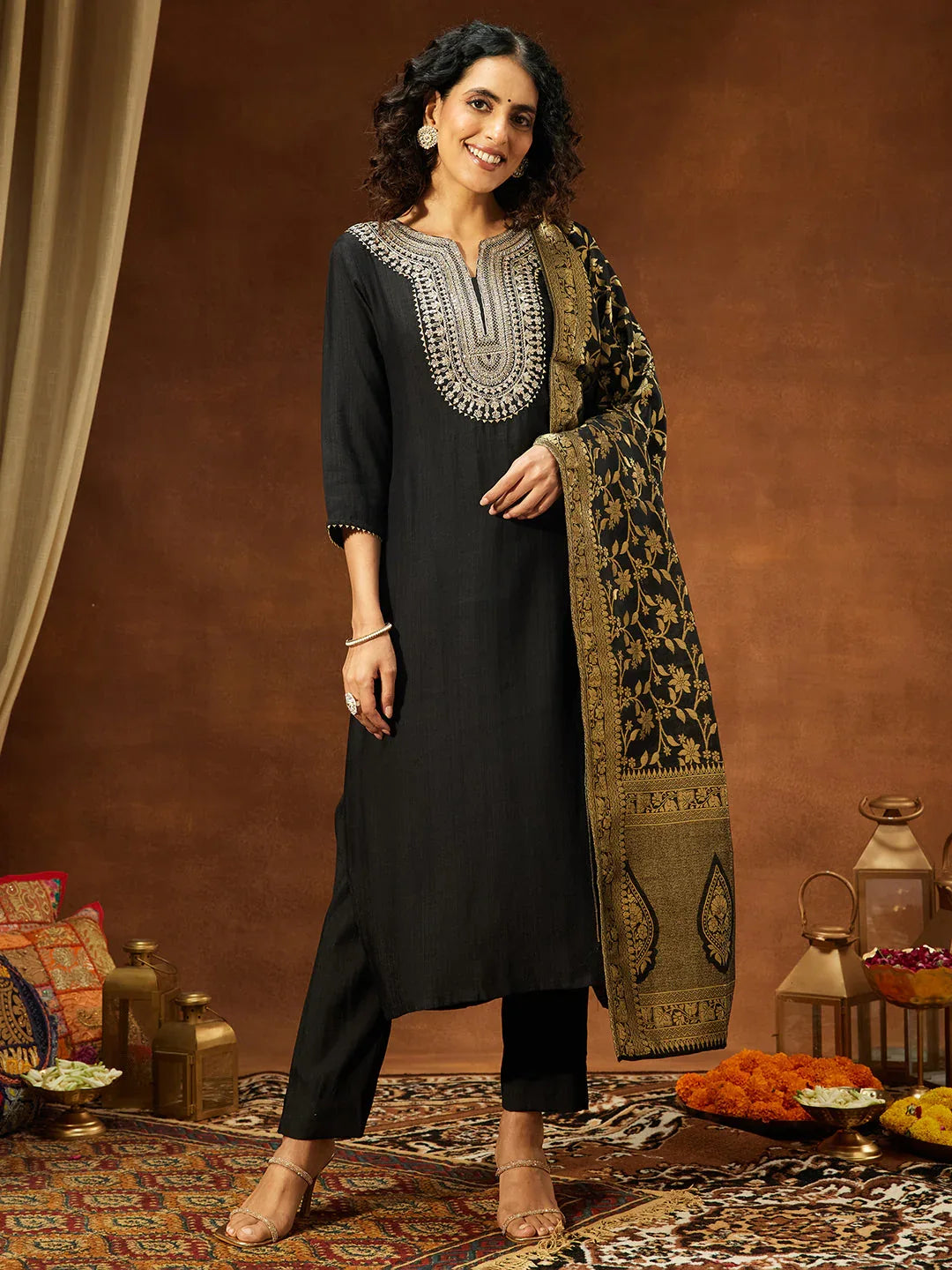 Janasya Women's Black Silk Blend Yoke Embroidered Straight Kurta Set