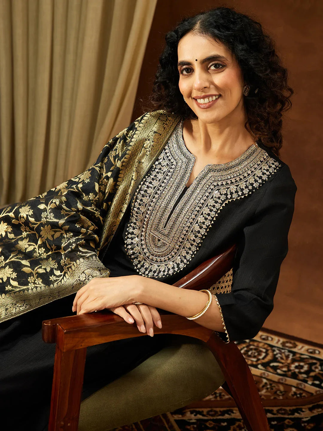 Janasya Women's Black Silk Blend Yoke Embroidered Straight Kurta Set