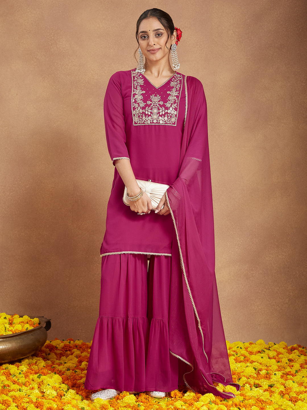 Janasya Women's Pink Georgette Embroidered Straight Kurta With Sharara & Dupatta Set - qivii
