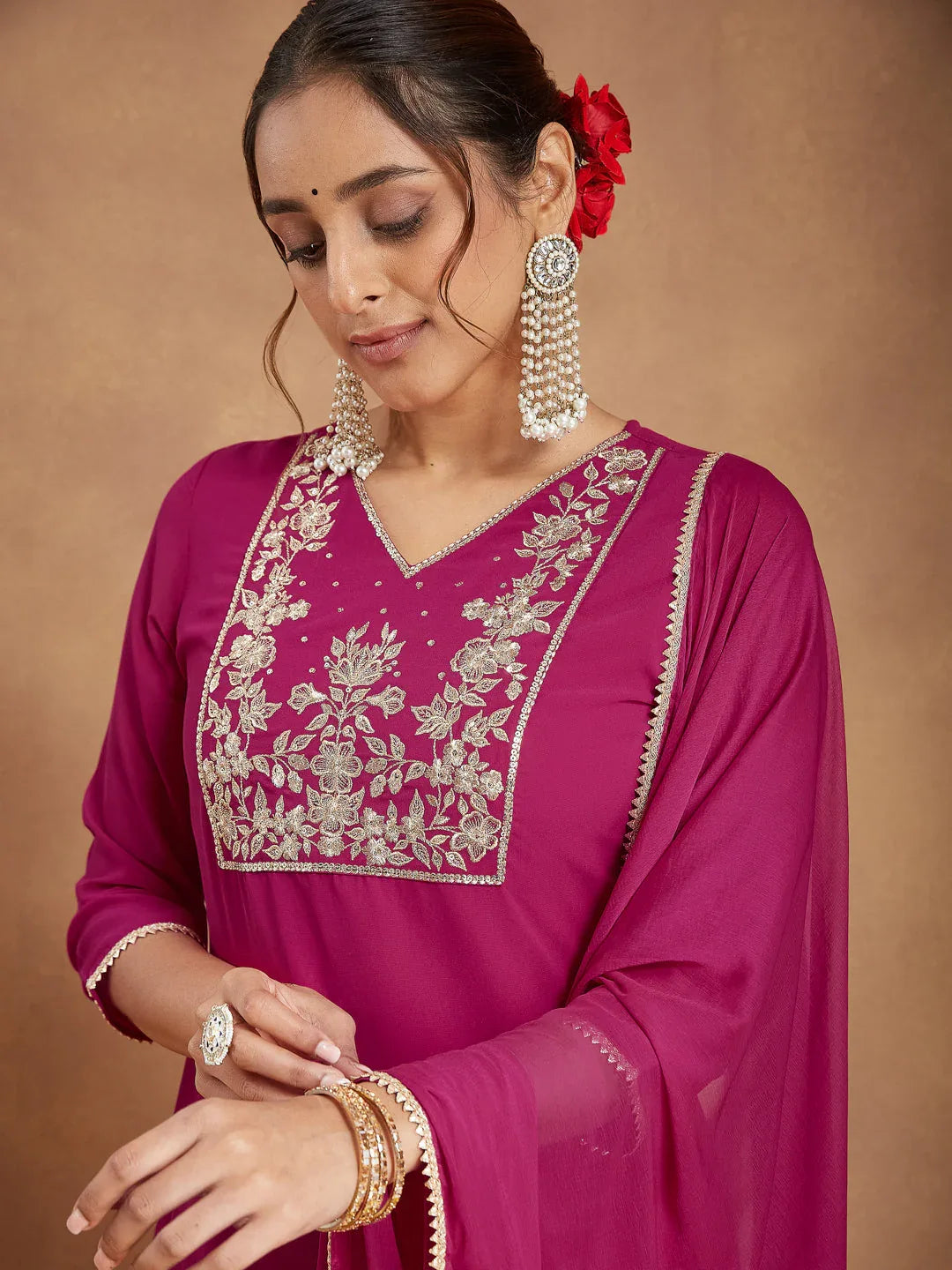 Janasya Women's Pink Georgette Embroidered Straight Kurta With Sharara & Dupatta Set