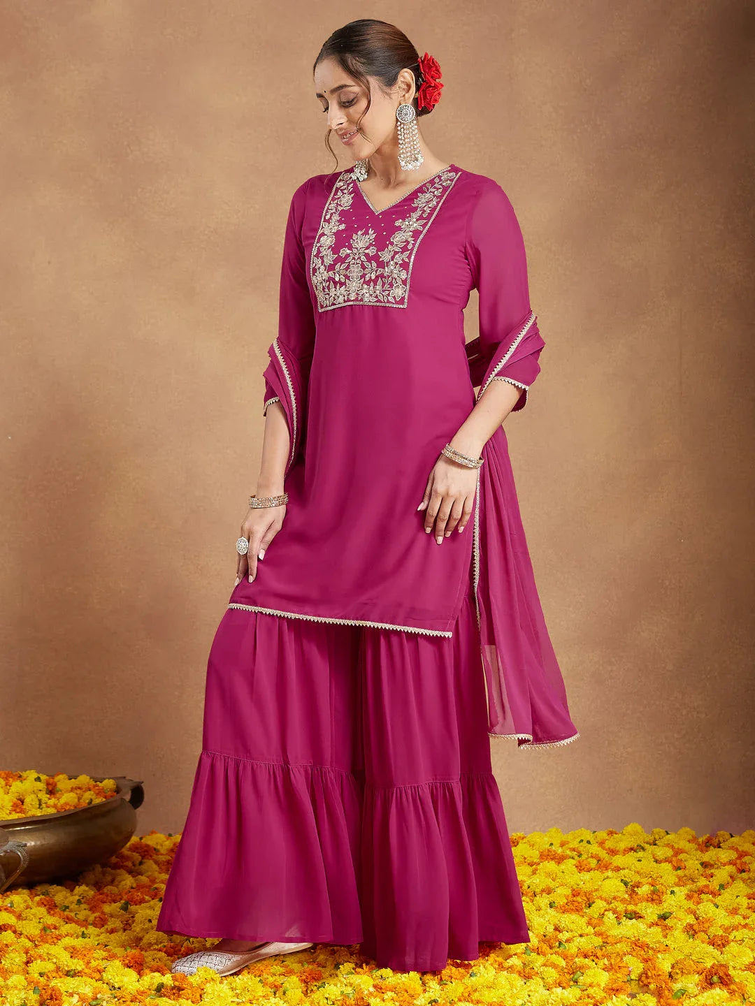 Janasya Women's Pink Georgette Embroidered Straight Kurta With Sharara & Dupatta Set
