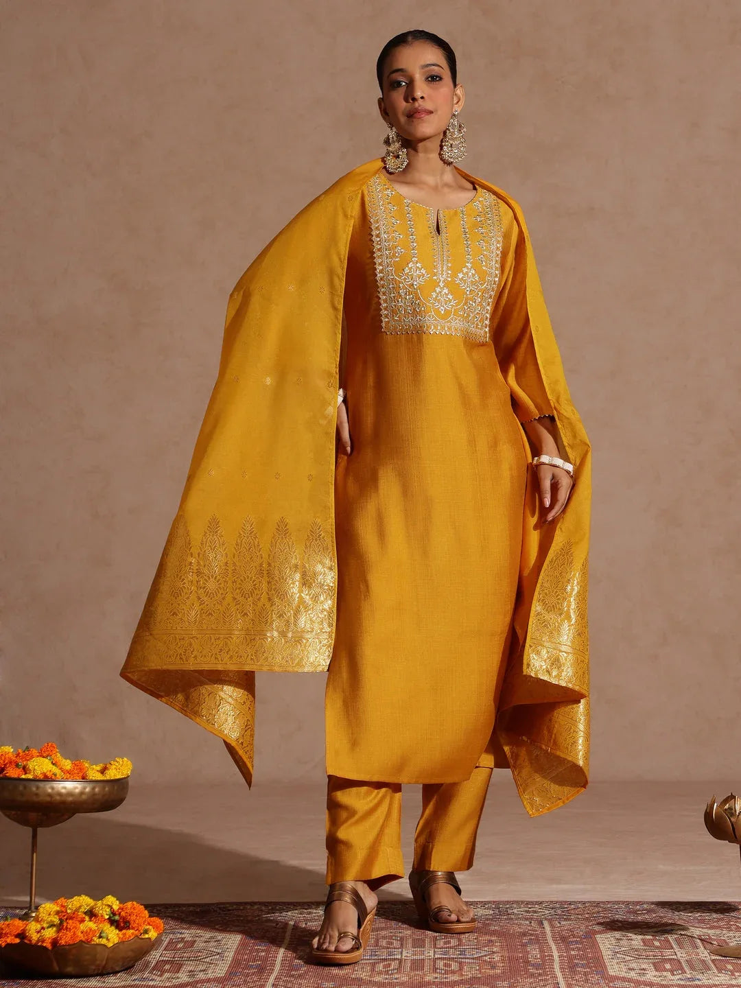 Janasya Women's Mustard Silk Blend Zari Yoke Embroidered Straight Kurta Set