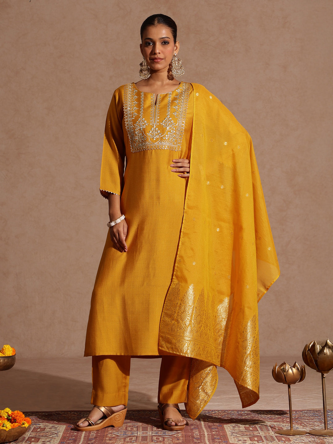 Janasya Women's Mustard Silk Blend Zari Yoke Embroidered Straight Kurta Set - qivii
