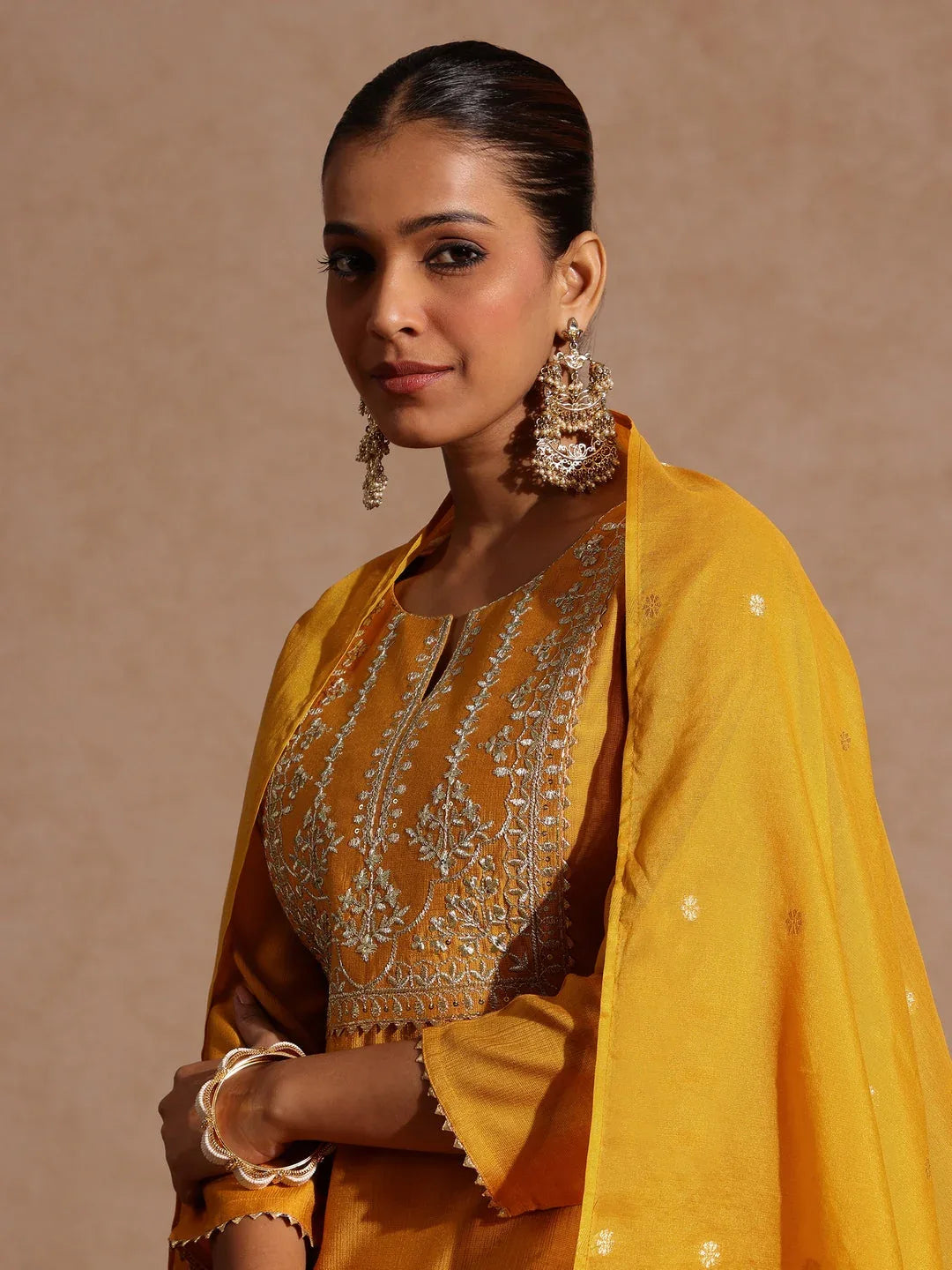 Janasya Women's Mustard Silk Blend Zari Yoke Embroidered Straight Kurta Set