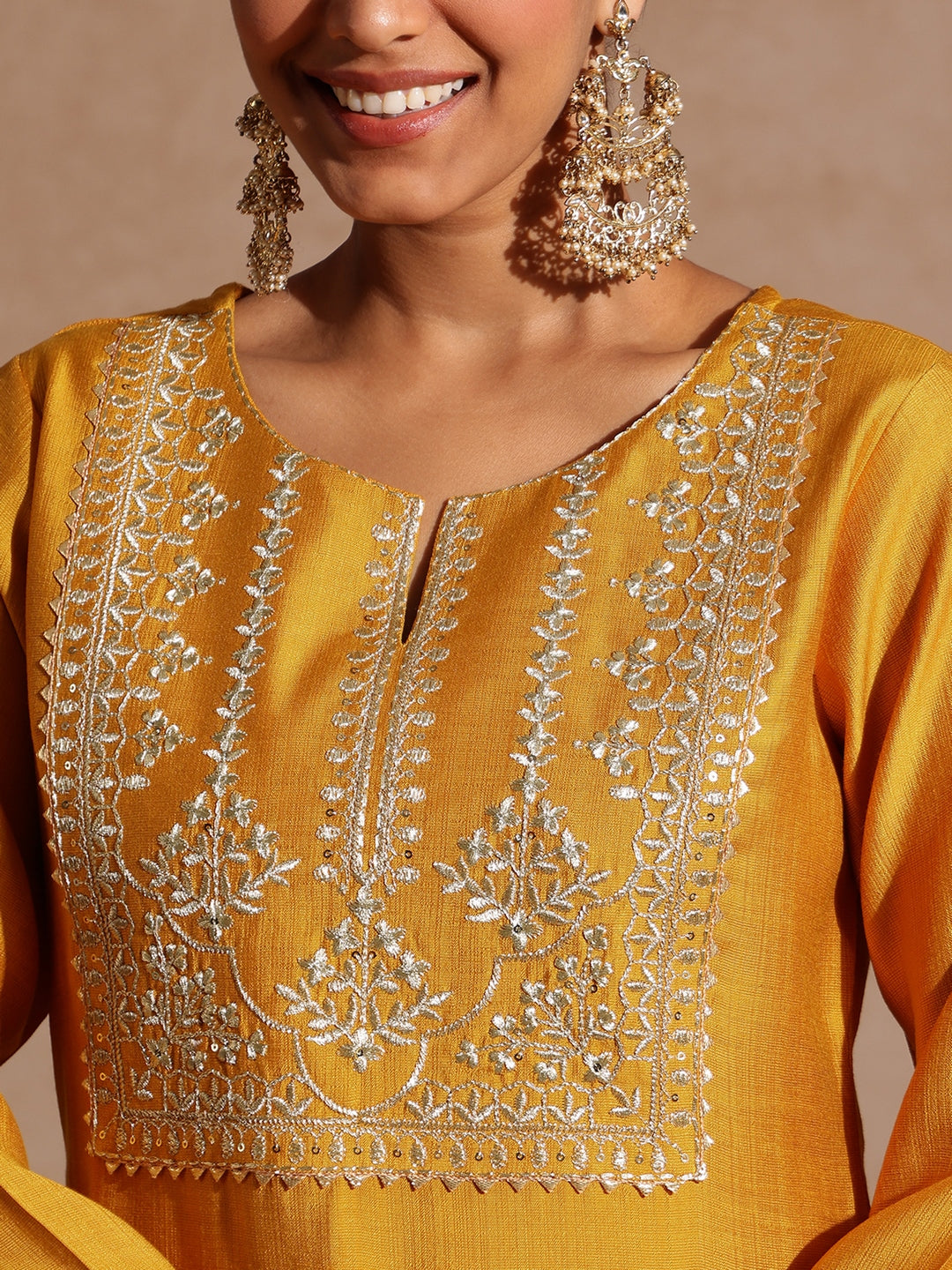 Janasya Women's Mustard Silk Blend Zari Yoke Embroidered Straight Kurta Set - qivii
