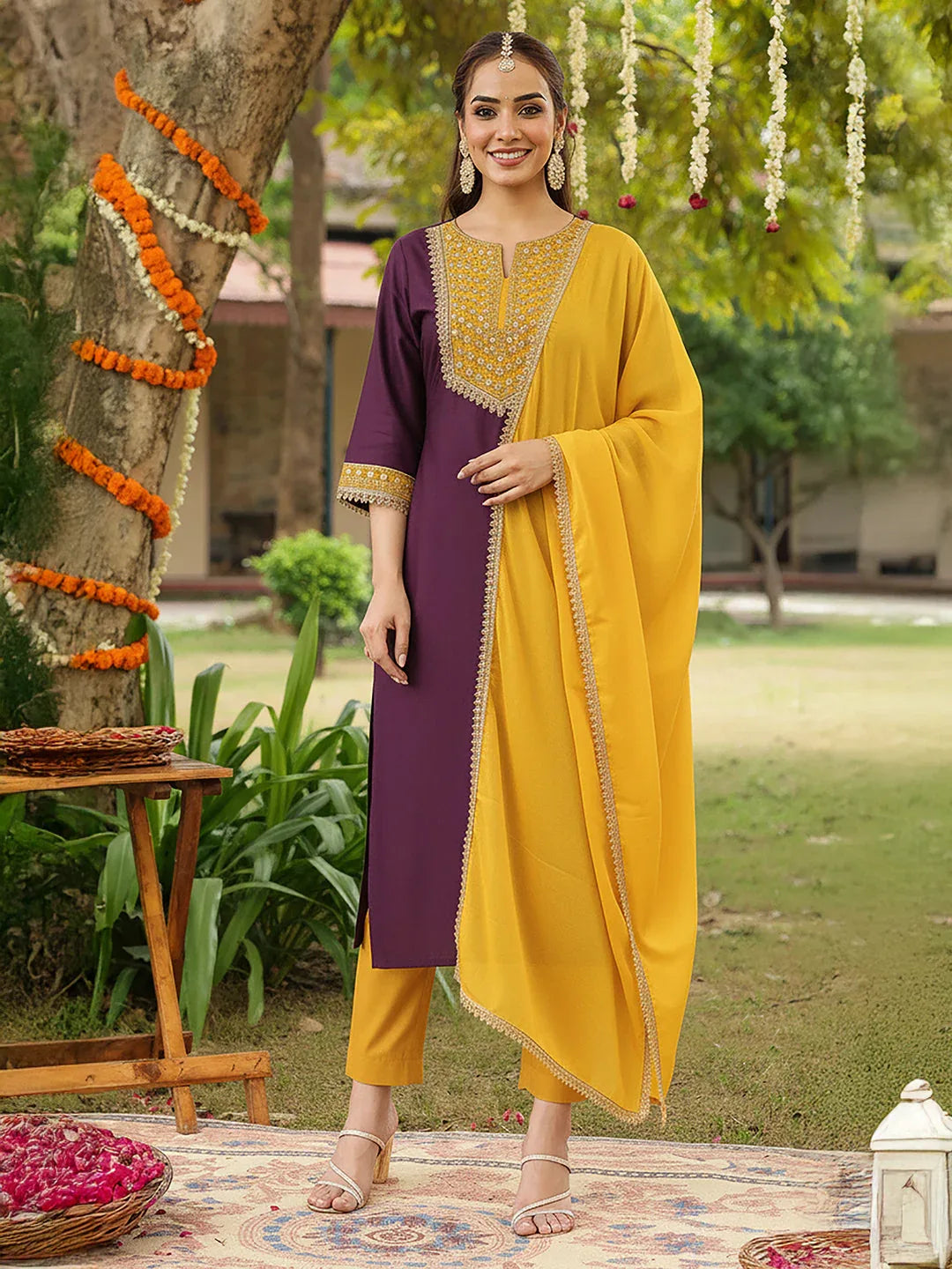 Janasya Women's Purple Silk Blend Zari Yoke Embroidered Straight Kurta Set
