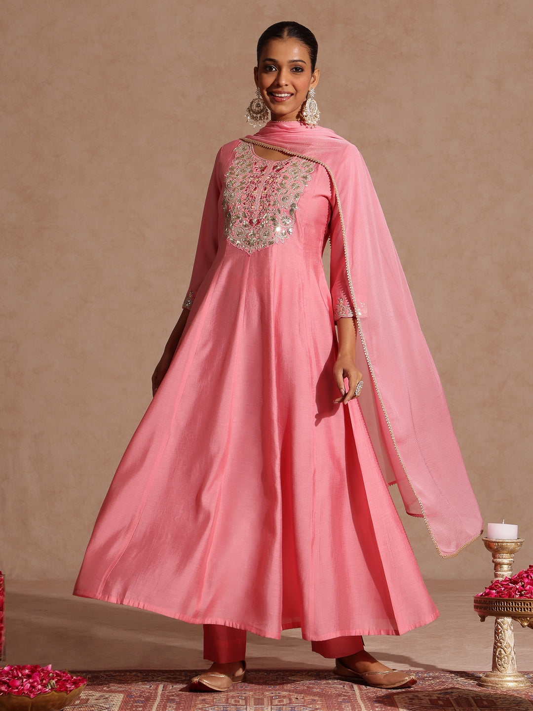 Janasya Women's Light Pink Chanderi Silk Zari Yoke Embroidered Anarkali Kurta Set - qivii