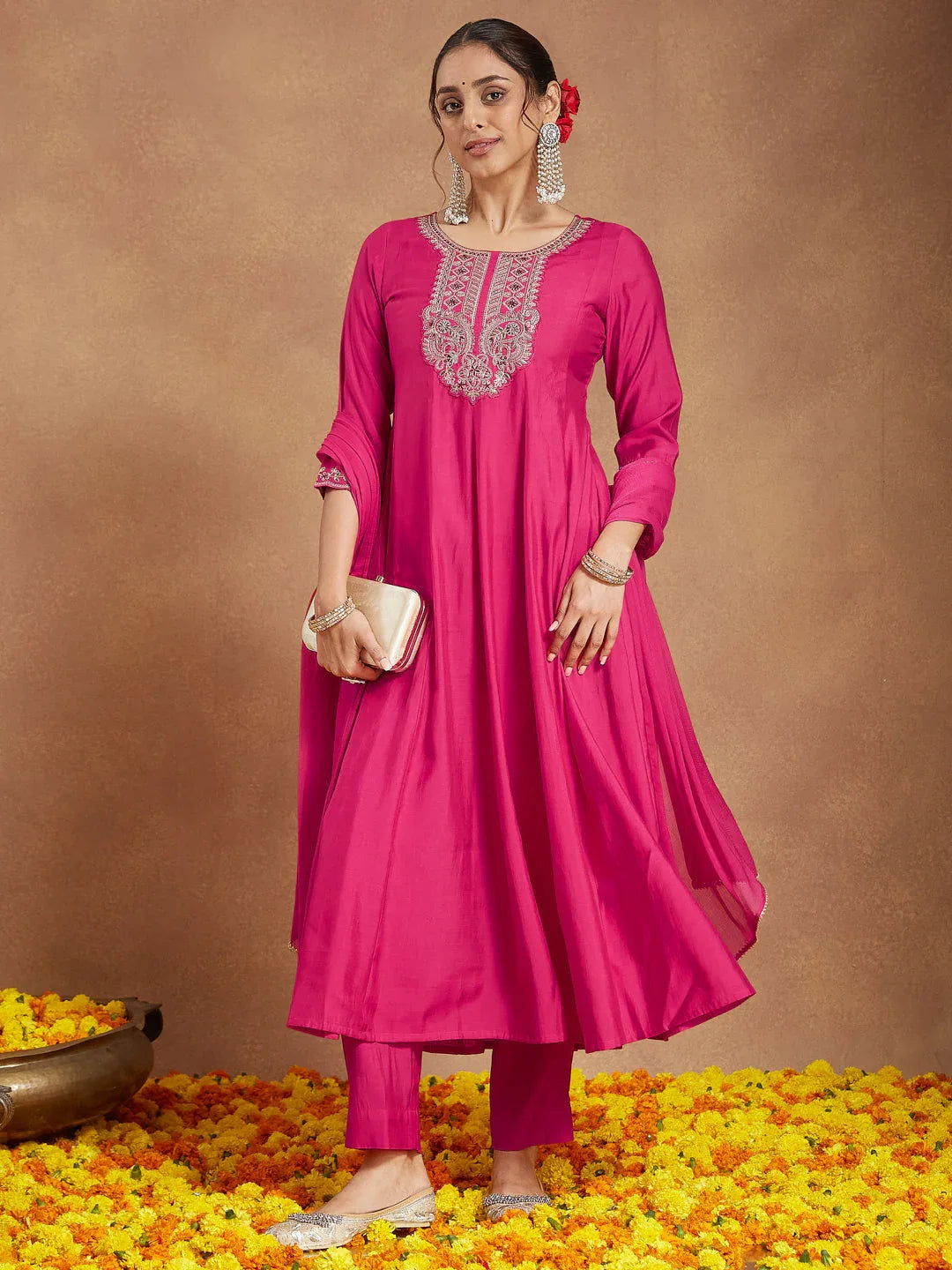 Janasya Women's Pink Chanderi Silk Yoke Embroidered Anarkali Kurta Set