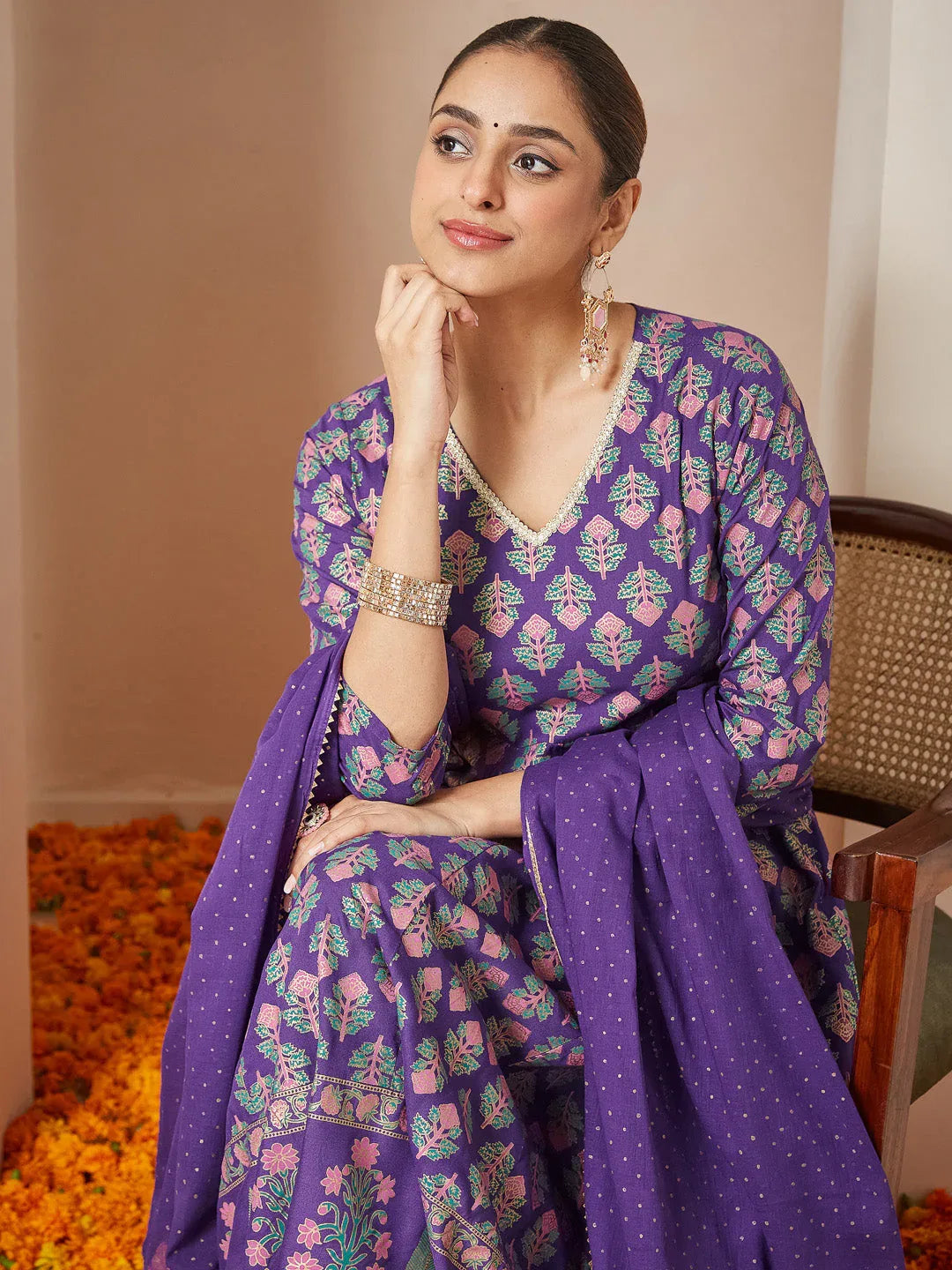 Janasya Women's Purple Rayon Ethnic Motifs Gold Printed Anarkali Kurta Set