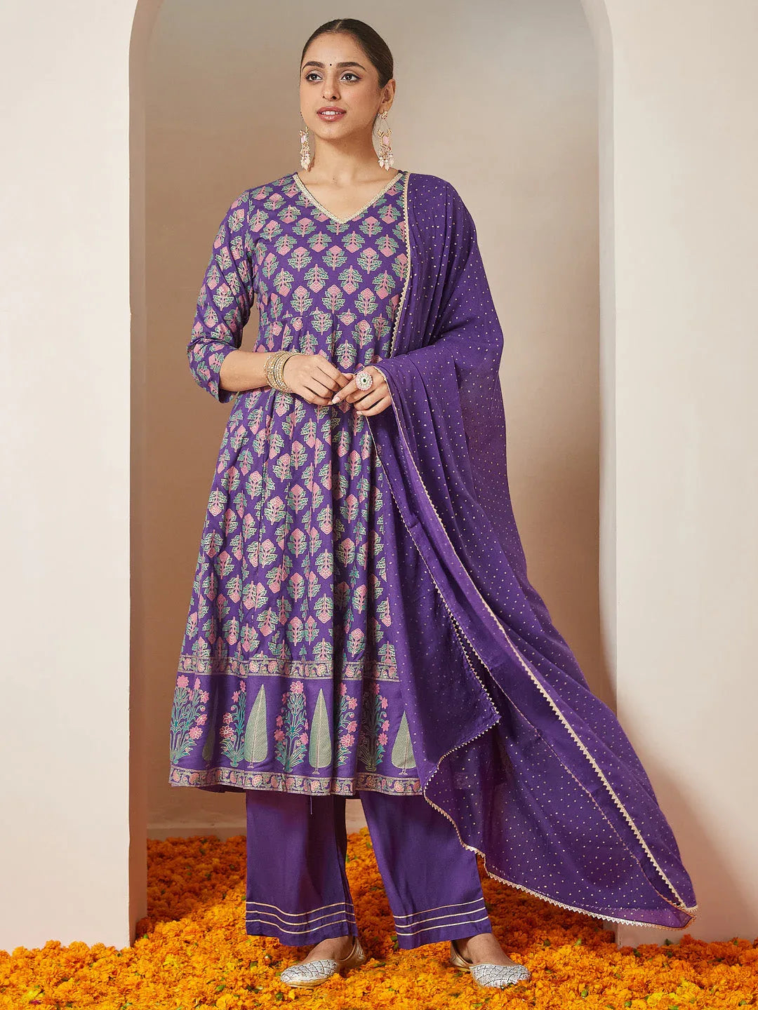 Janasya Women's Purple Rayon Ethnic Motifs Gold Printed Anarkali Kurta Set