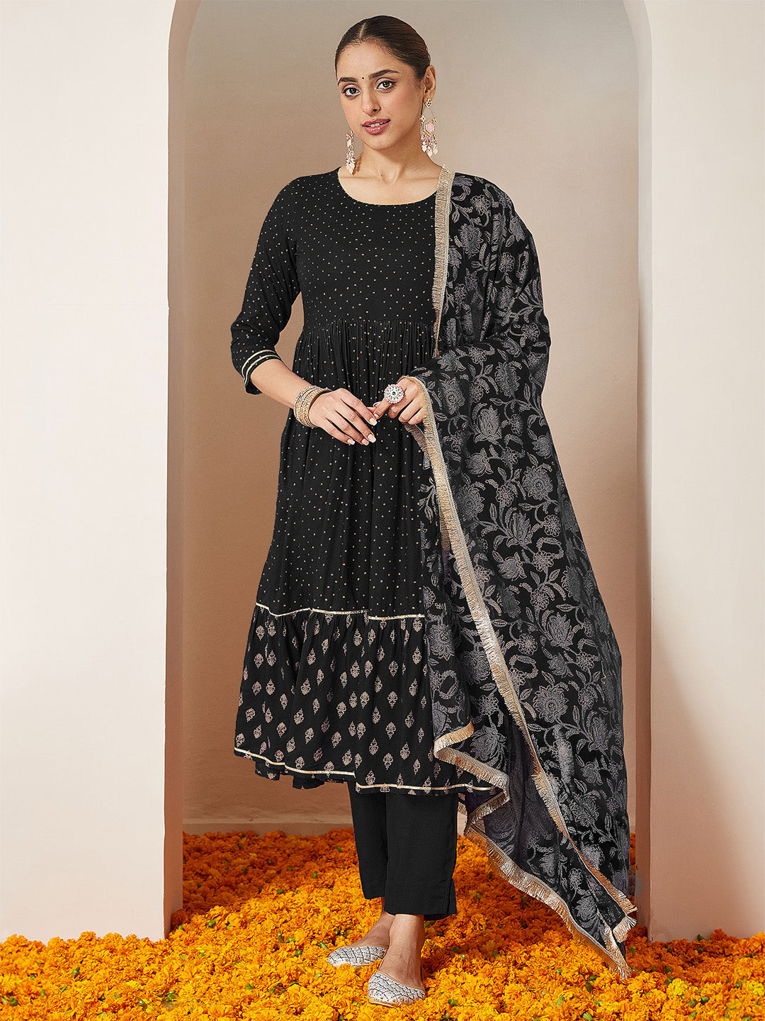 Janasya Women's Black Rayon Gold Printed Anarkali Kurta Set - qivii