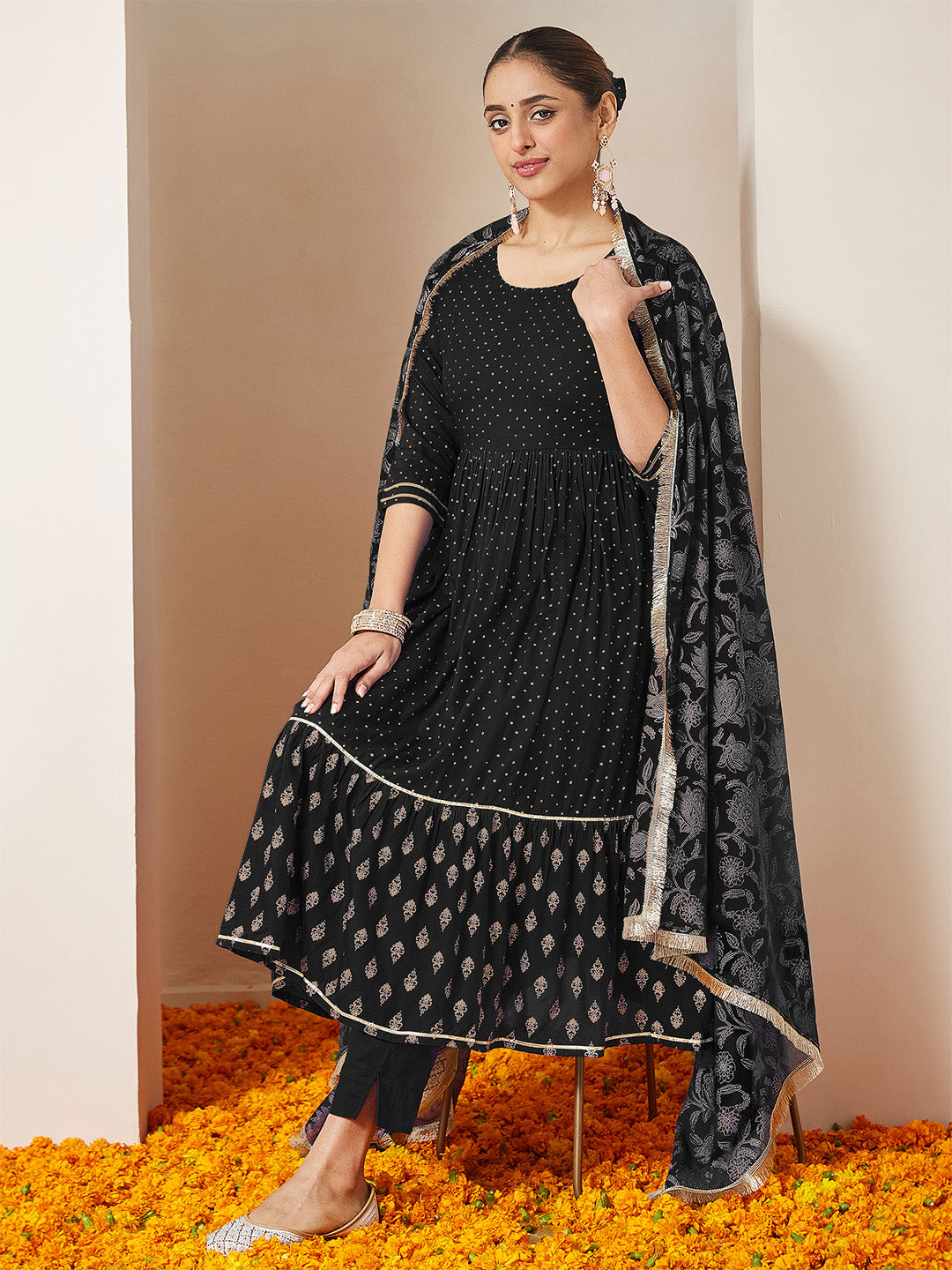 Janasya Women's Black Rayon Gold Printed Anarkali Kurta Set - qivii